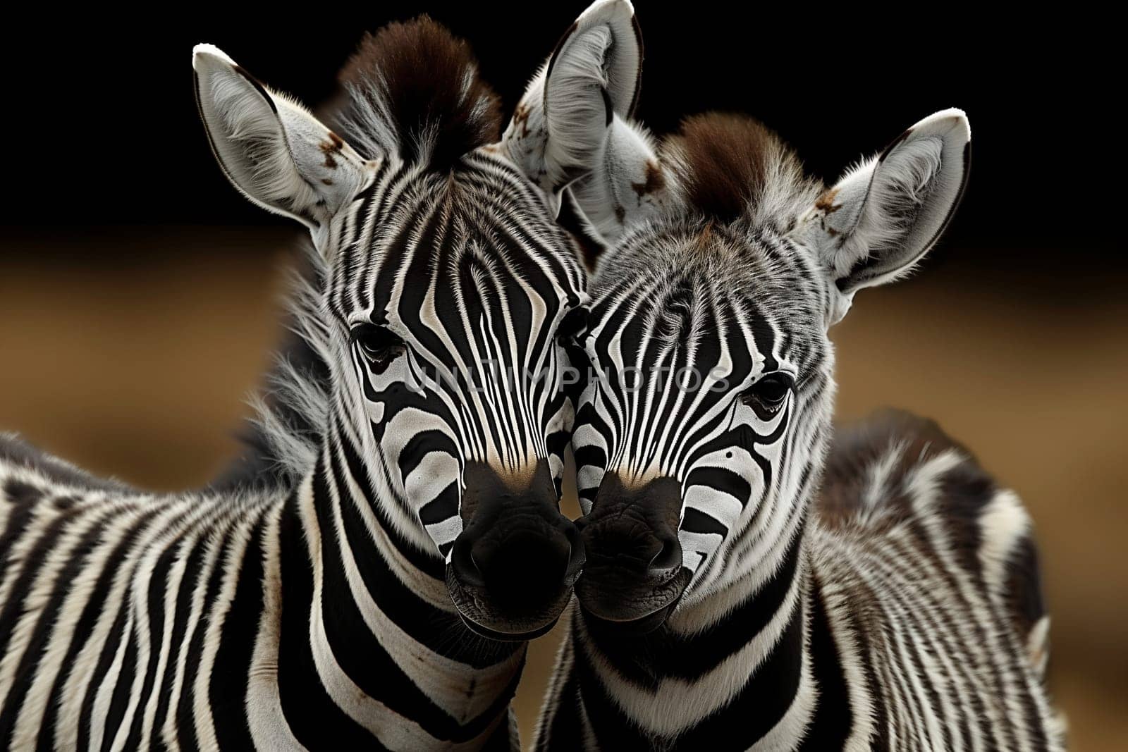 Two baby zebras with black and white striped hair are standing together, their heads turned towards the camera, showcasing their adorable faces and curious eyes in this nature photograph