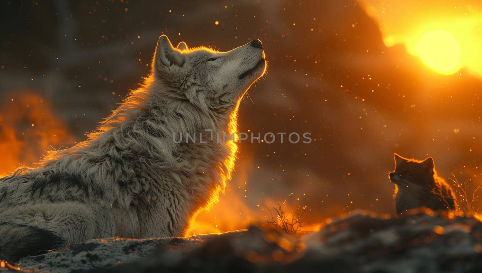 A carnivore wolf and a Felidae cub with whiskers and fangs stand together next to a fire, enjoying the heat in the terrestrial landscape