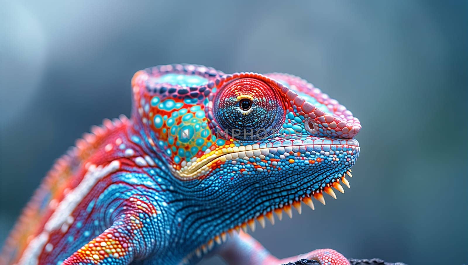 An electric blue chameleon, a scaled reptile, is perched on a terrestrial plant branch, gazing into the camera in stunning macro photography
