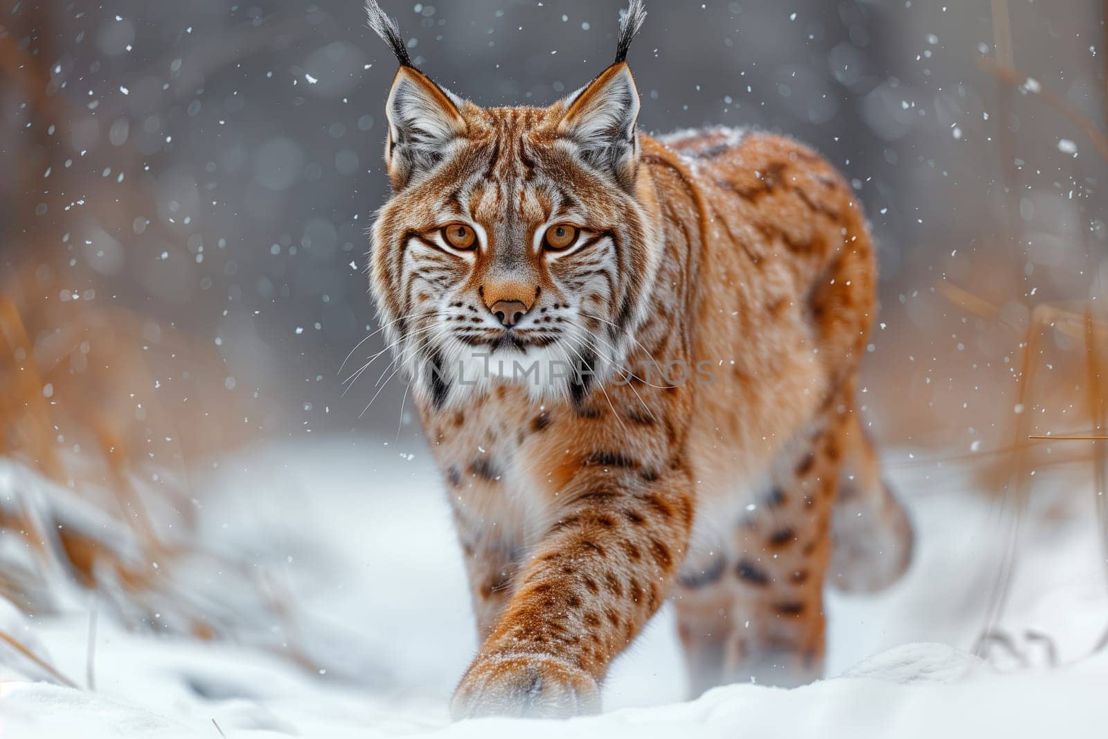 a lynx is walking through the snow in the woods by richwolf