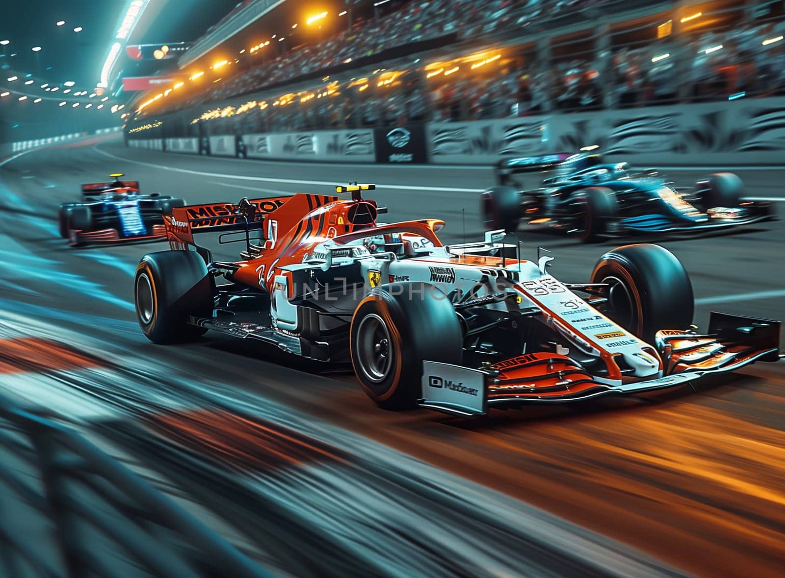 A group of race cars with slick tires are speeding around a race track at night, showcasing the sleek automotive design and adrenalinefueled racing of motorsport