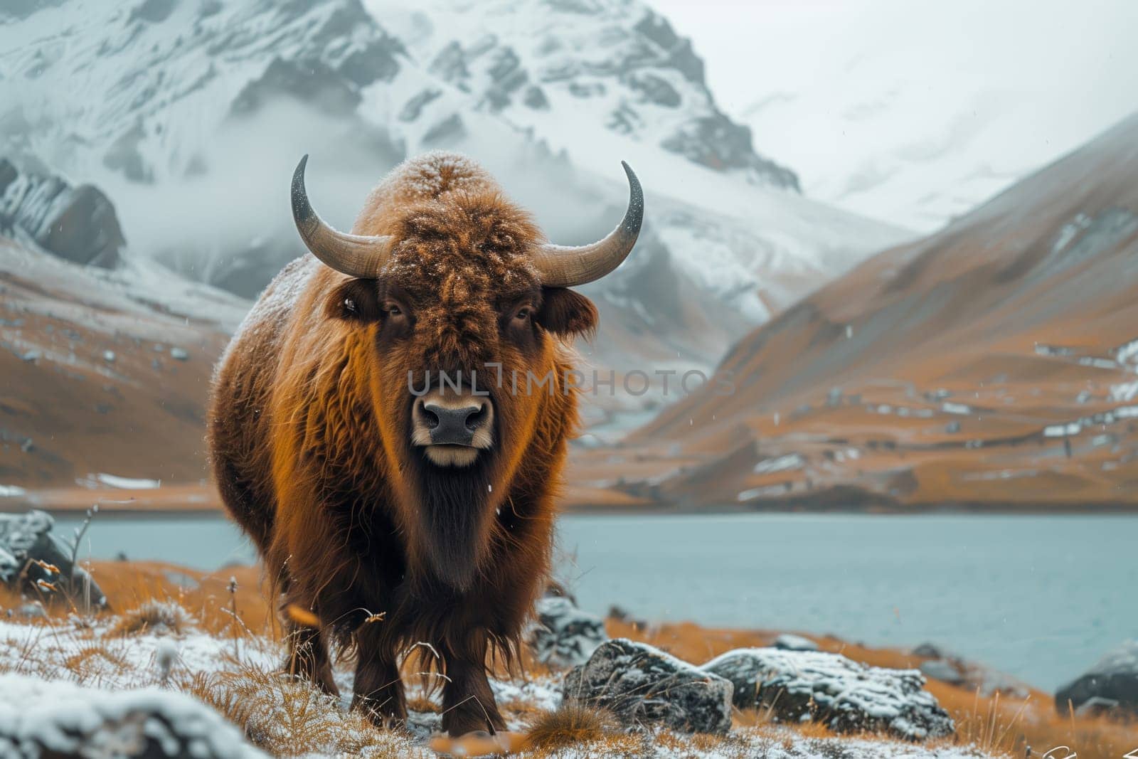 A bull, a terrestrial animal with horns and a powerful snout, is standing by a lake in a snowy natural landscape surrounded by mountains