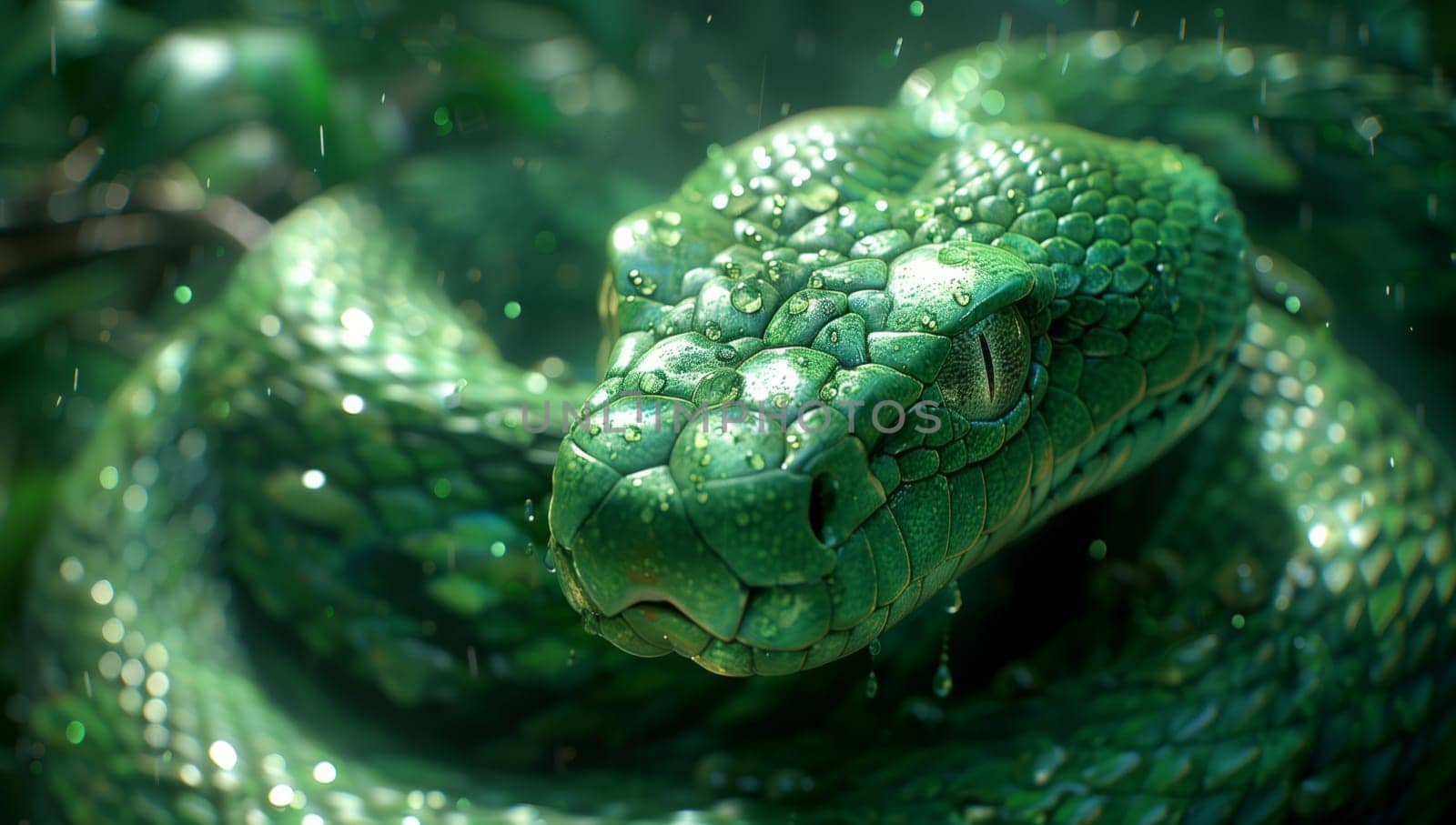 A closeup image of a green scaled reptile, a snake, looking directly at the camera. The snake is surrounded by grass, showcasing its terrestrial habitat