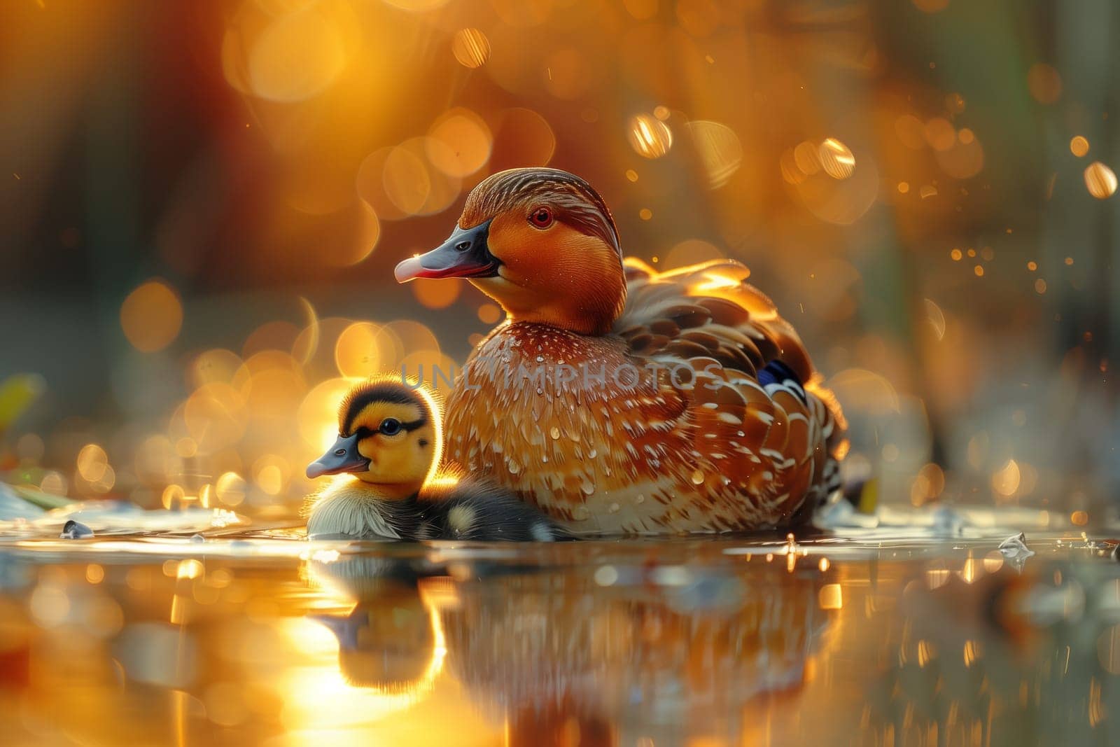 A duck and her duckling swimming peacefully in the water by richwolf