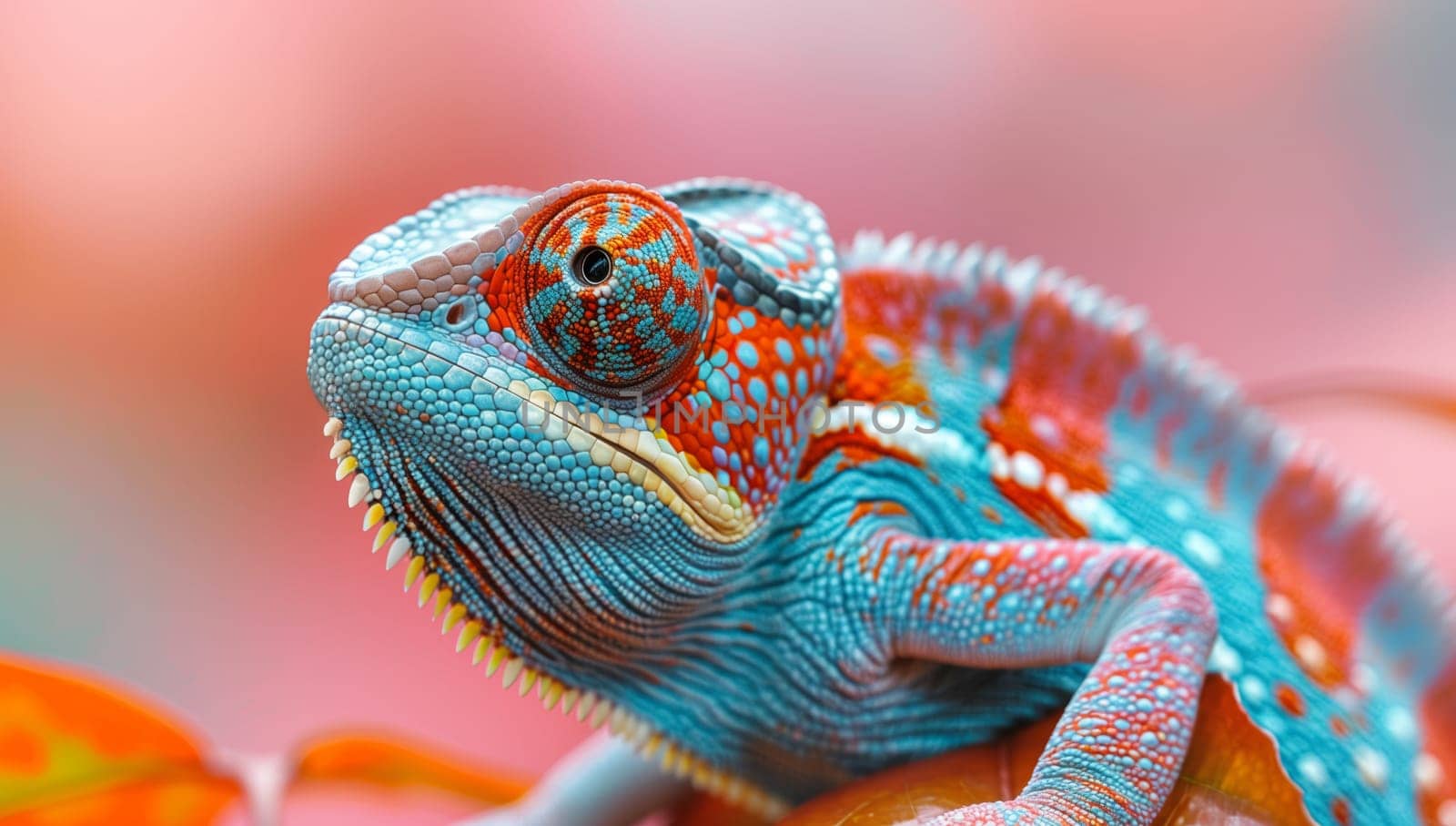 A closeup of a vibrant electric blue chameleon, a scaled reptile, perched on a leaf. The macro photography captures the lizards intricate details in this creative art piece showcasing wildlife