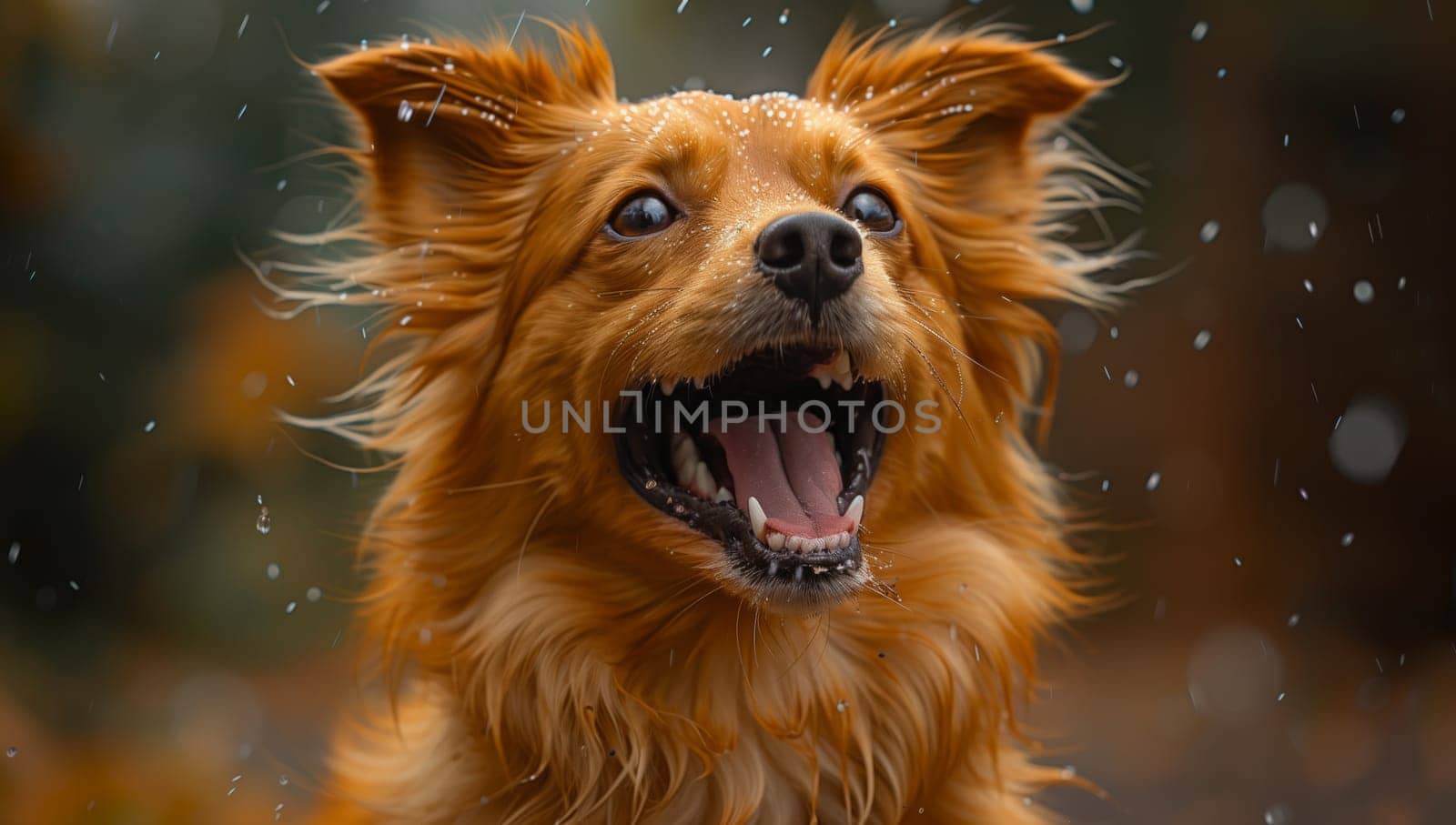An image capturing a closeup of a brown Sporting Group dog with its mouth open, showcasing its whiskers, snout, and fur. A carnivorous Canidae companion dog in a playful event