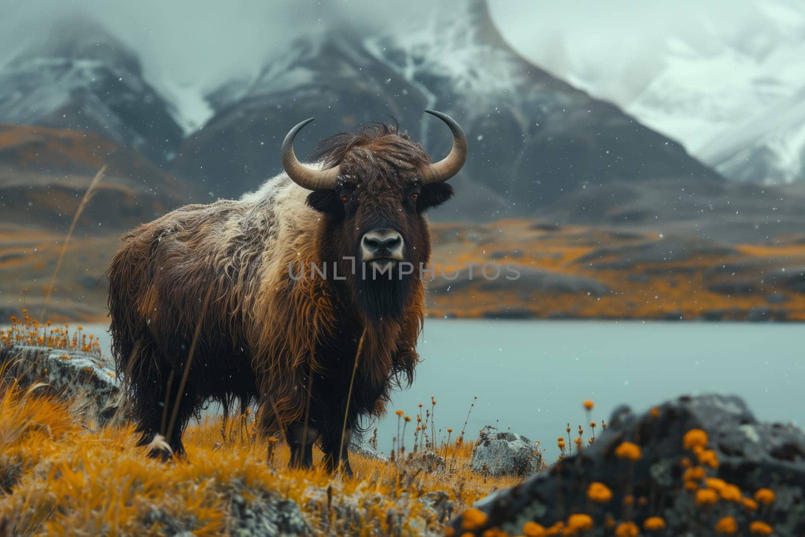 A yak stands on rocky highland overlooking a lake surrounded by mountains in a natural landscape with grasslands and plants in the ecoregion