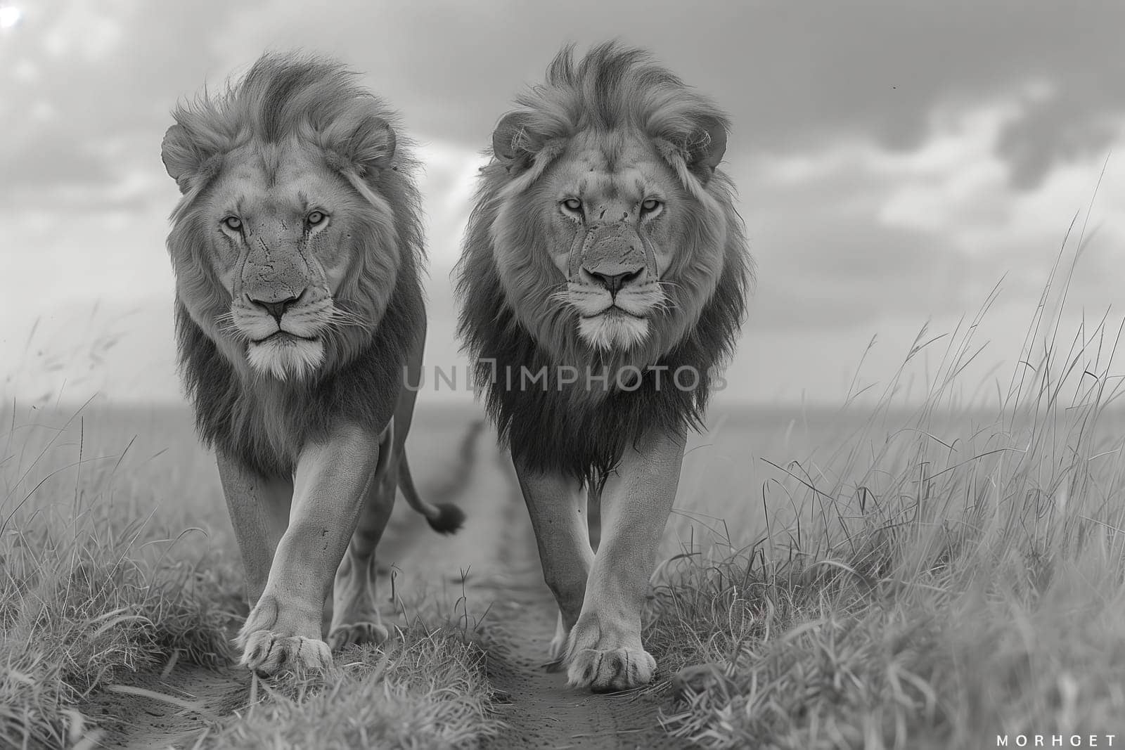 Two Masai lions roam the grassy field in a black and white photo by richwolf