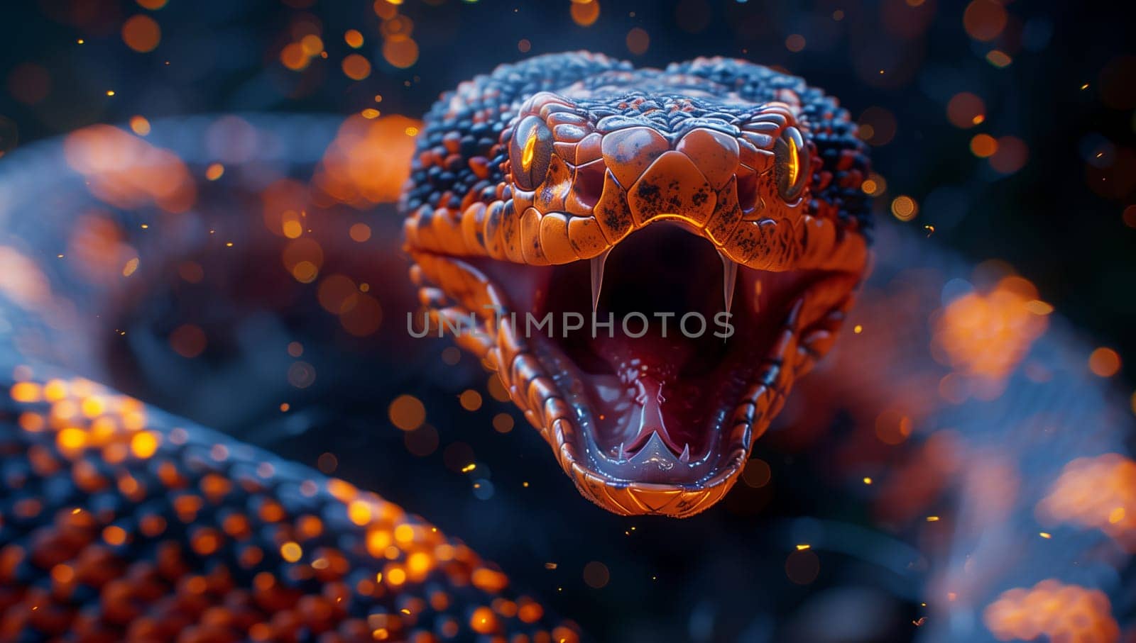 A closeup of an electric blue snake, a terrestrial animal, with its jaw open, revealing sharp fangs dripping with liquid, reminiscent of an alligator in an underwater setting