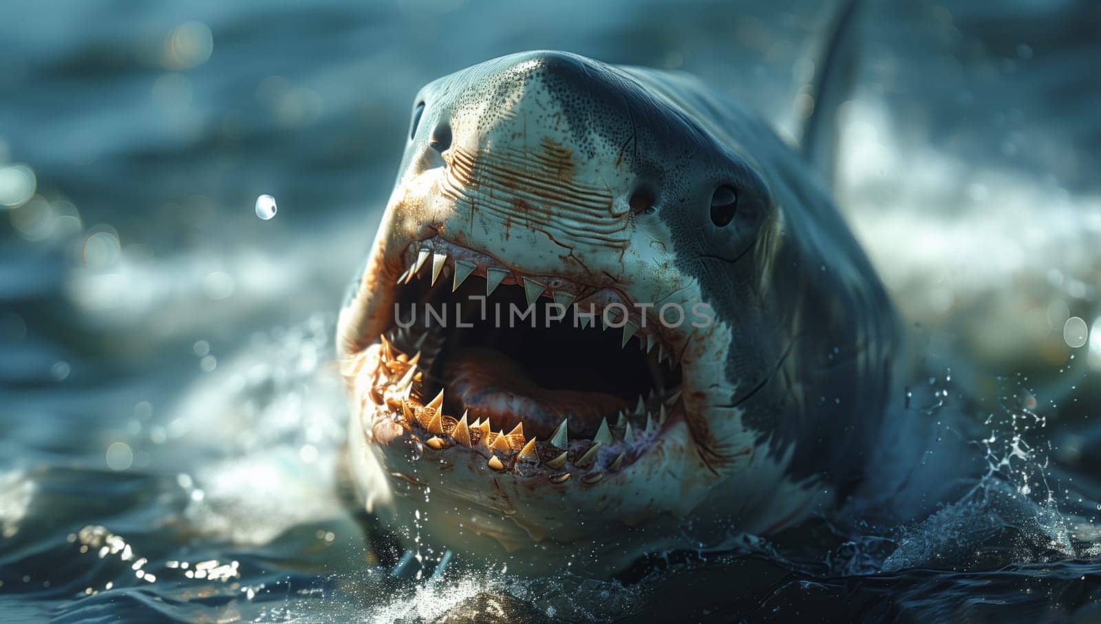 A shark, a marine biology science fish, swims in water with its fangs on display by richwolf