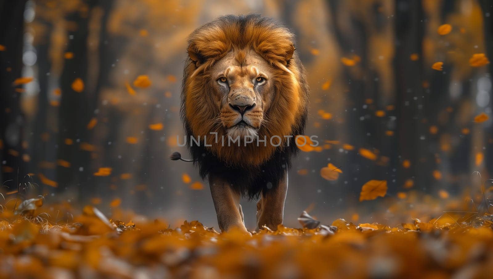 a lion is walking through a forest of leaves by richwolf