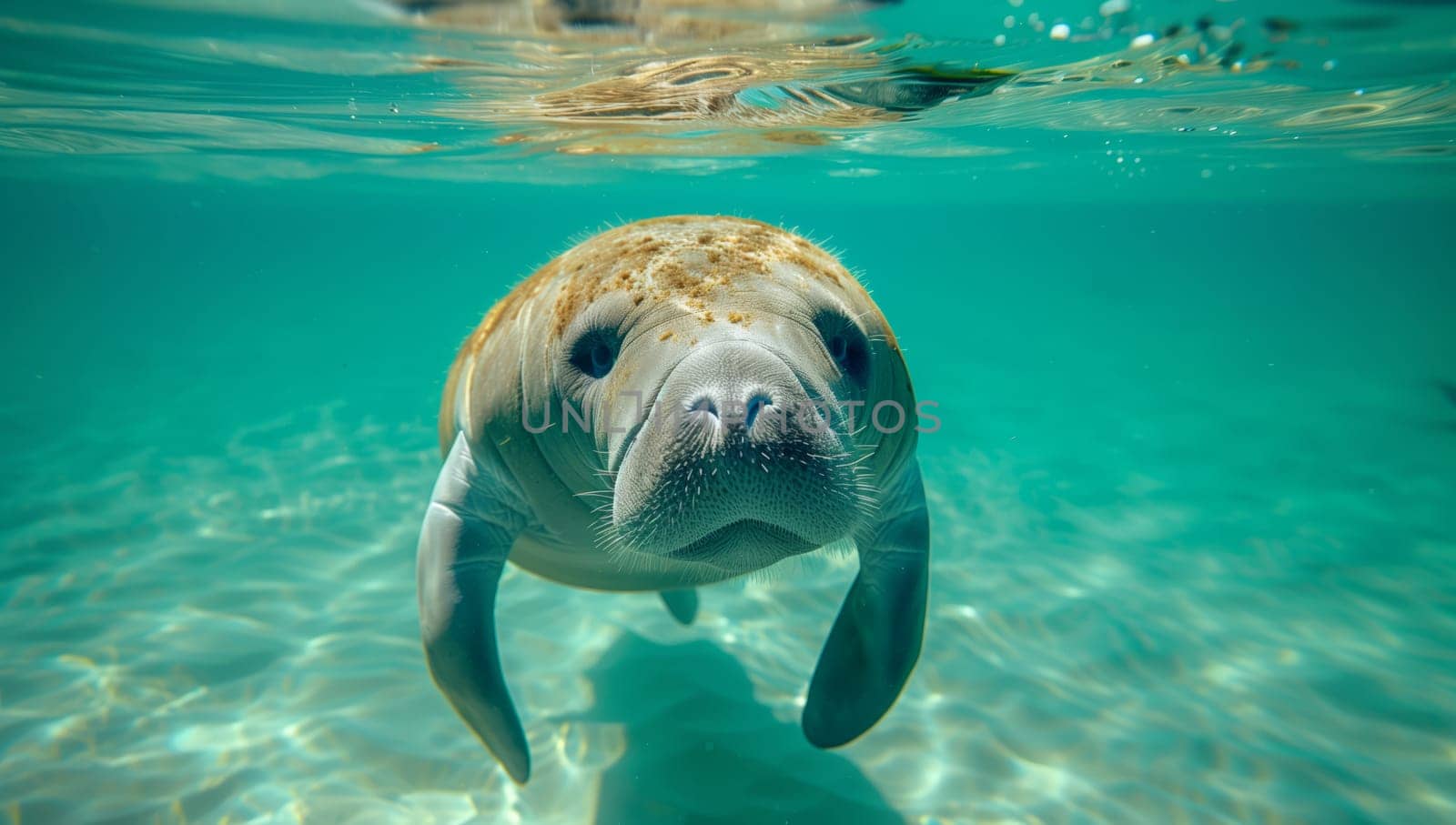 a manatee is swimming in the ocean and looking at the camera by richwolf