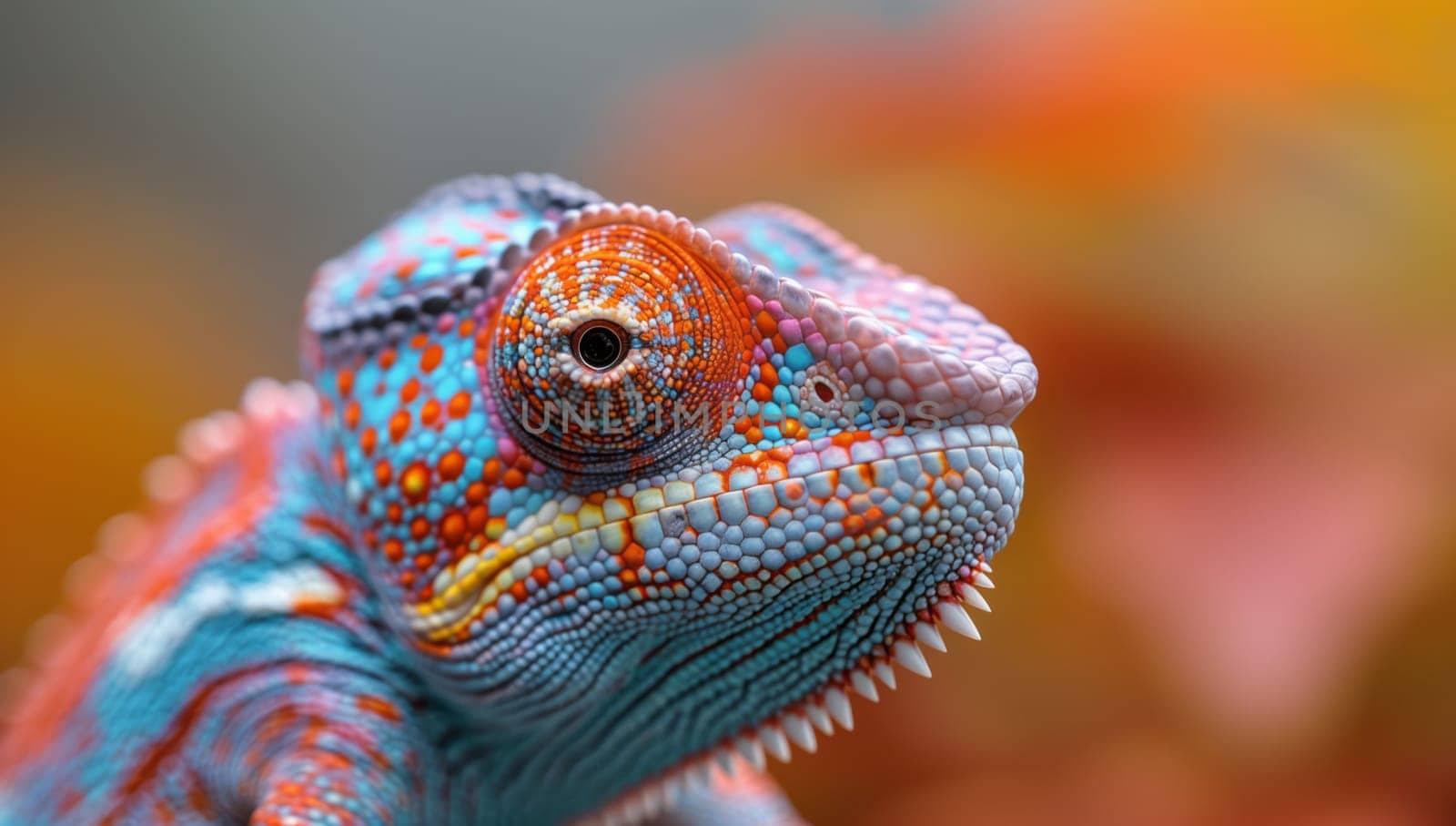 A closeup photo of a vibrant chameleon from the Iguania family, a terrestrial lizard with vibrant scales. This macro photography captures the beauty of this dragon lizard as it looks at the camera