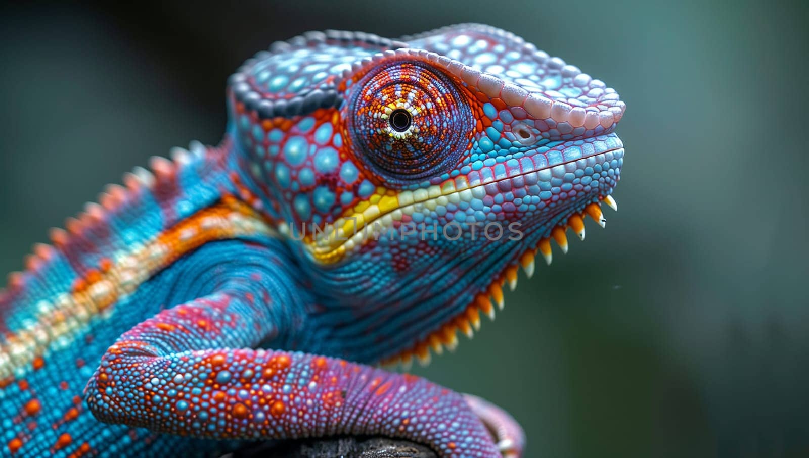 A colorful chameleon, a scaled reptile and terrestrial animal, is perched on a rock, its electric blue eye staring directly at the camera in a closeup wildlife shot