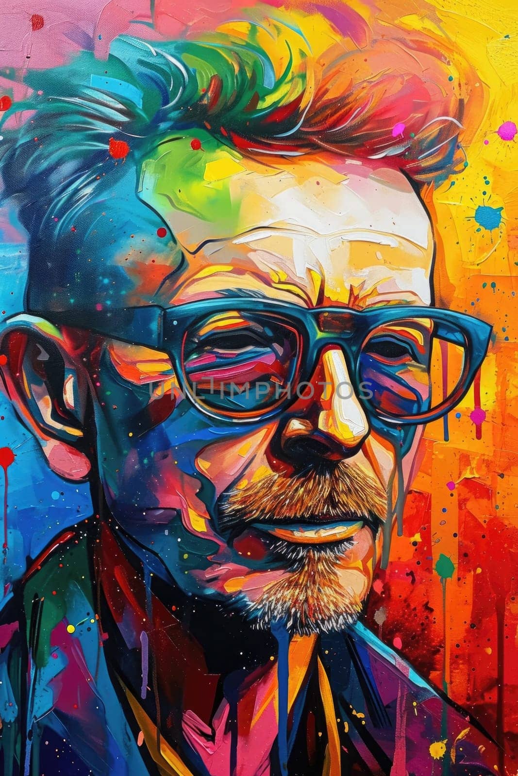 The comic colourful picture of the short hair male adult human head and has been wearing sunglasses with straight face yet picture fill with various colour that make picture fill with emotion. AIGX01.