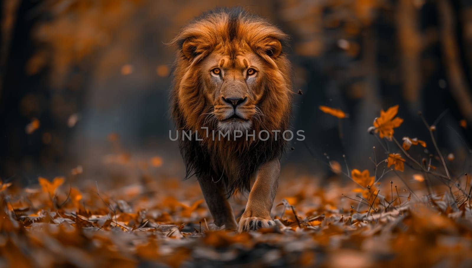 A Felidae Carnivore, the Masai lion, with its distinctive mane, walks through a forest of leaves. This big cat, known for its powerful roar, is a terrestrial animal in its natural landscape