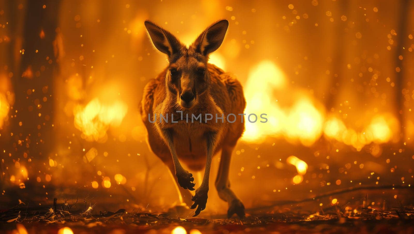 A terrestrial animal, a kangaroo, is fleeing from a forest fire. The landscape is engulfed in flames, creating a dramatic and intense atmospheric event