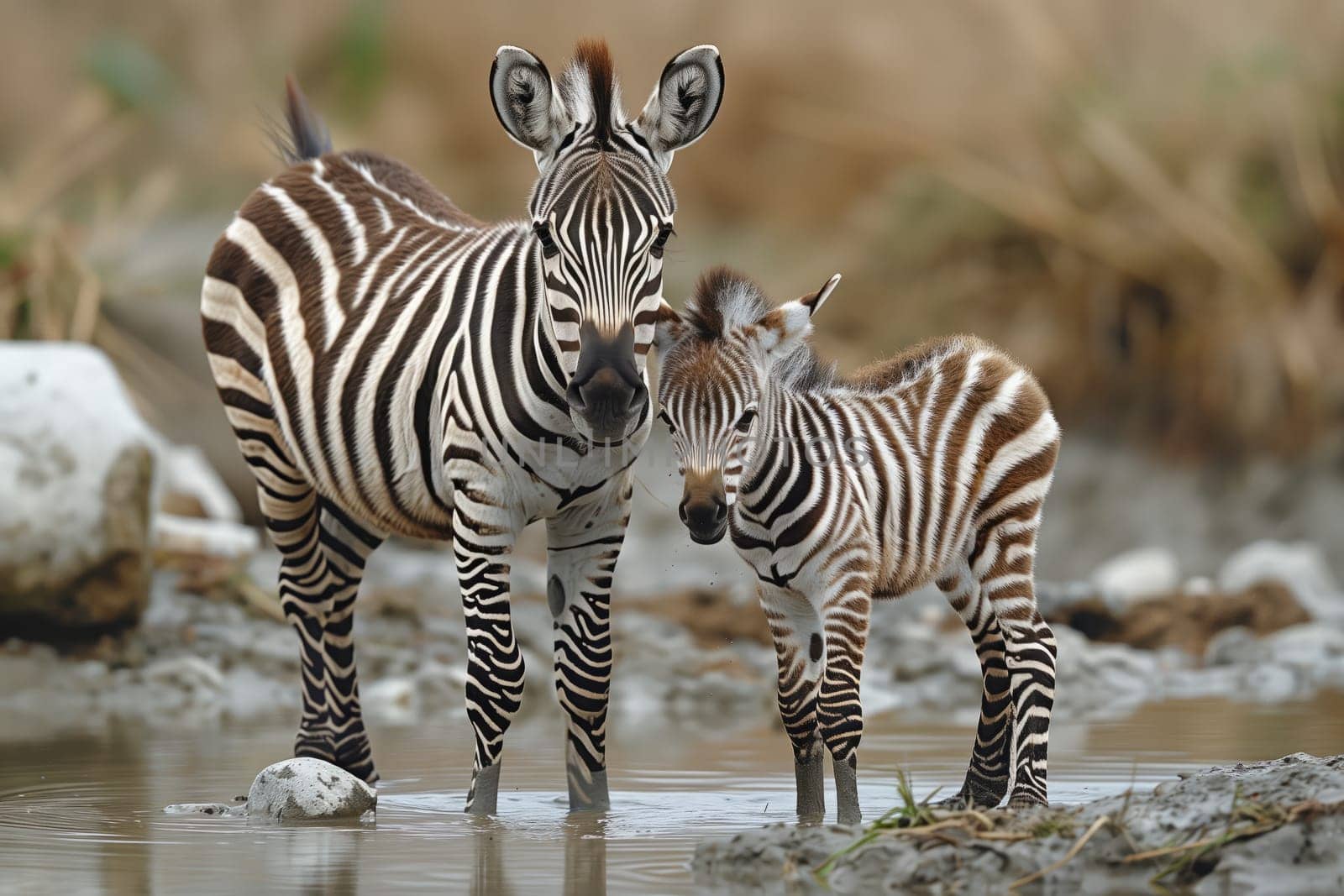 Two zebras are standing next to each other in the water, surrounded by the natural landscape of grassland. Their fluid movements showcase the beauty of these terrestrial animals