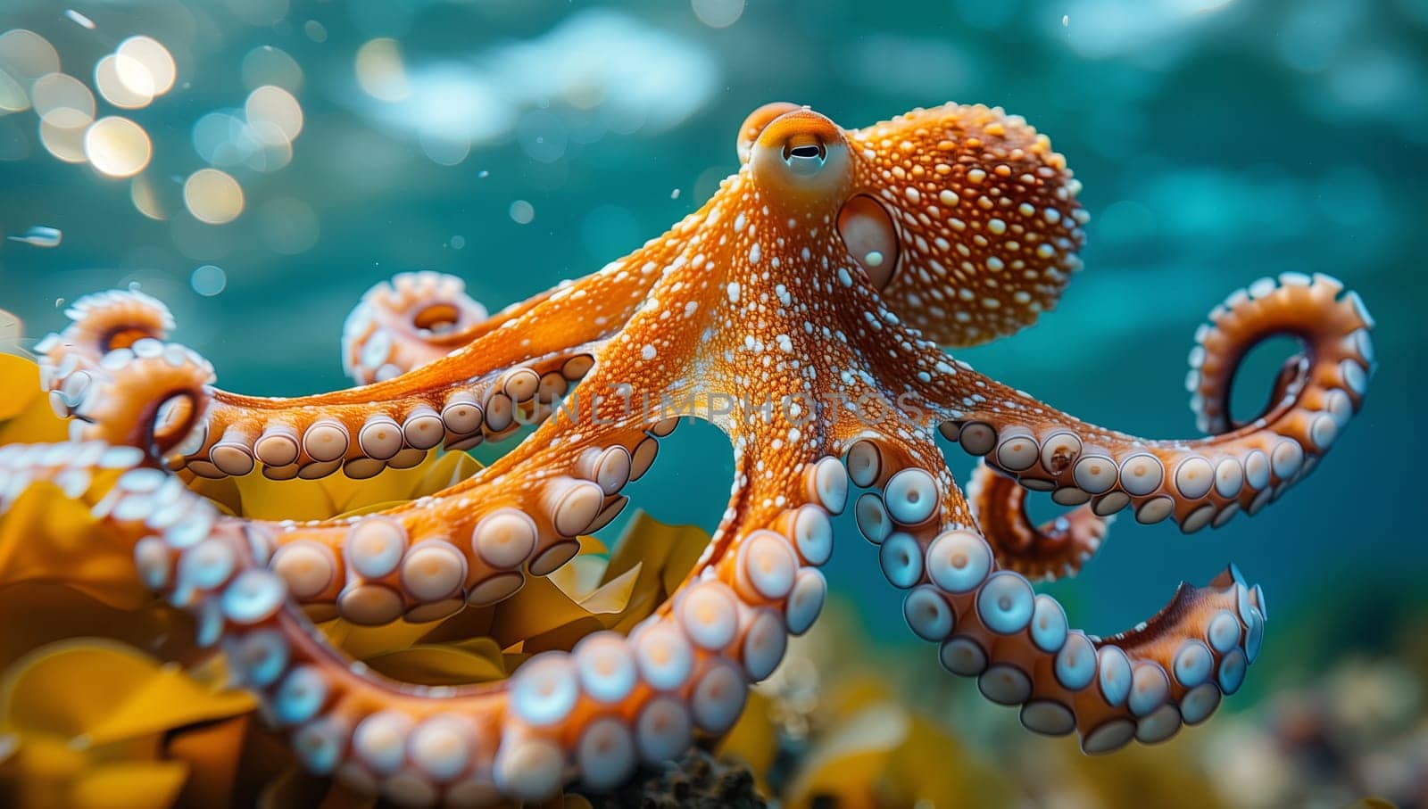 Marine invertebrate, cephalopod swimming near seaweed underwater by richwolf