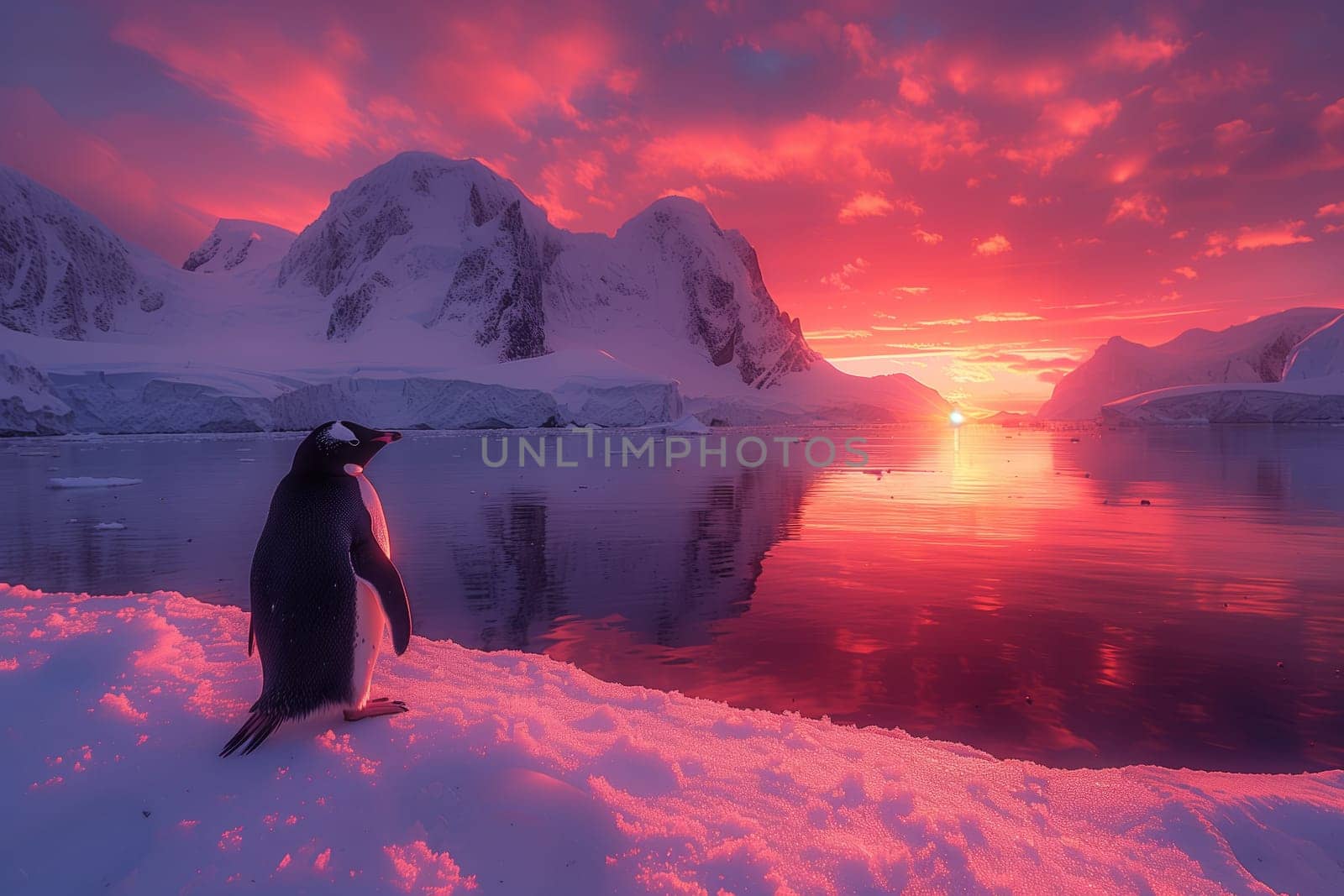 A penguin is admiring the colorful sunset while standing at the shore of a lake, surrounded by a beautiful natural landscape with snowcovered mountains in the background
