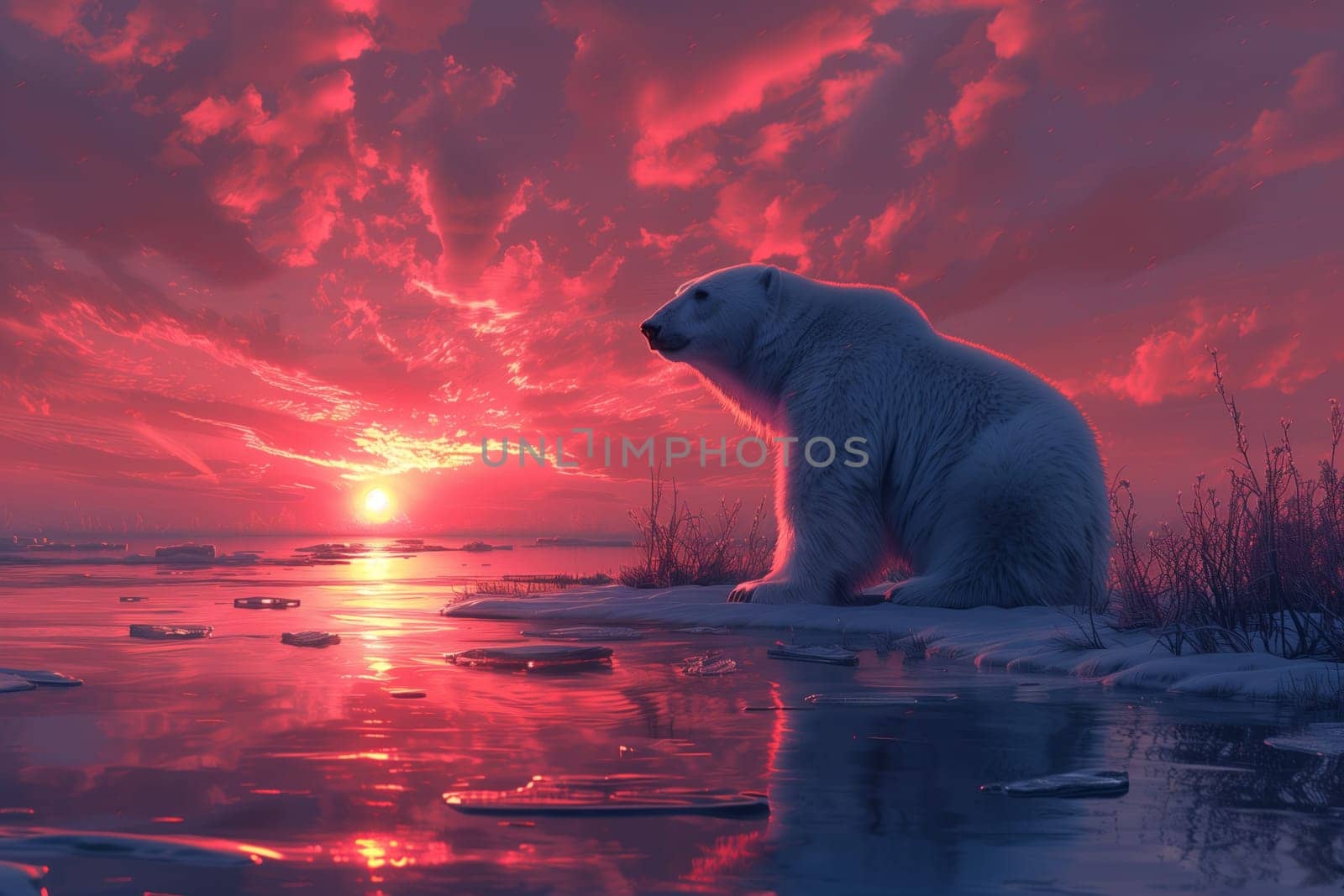A carnivorous polar bear, a terrestrial animal, is sitting on a floating piece of ice, gazing at the sunset over the horizon, with a cloudy sky reflected in the liquid water below