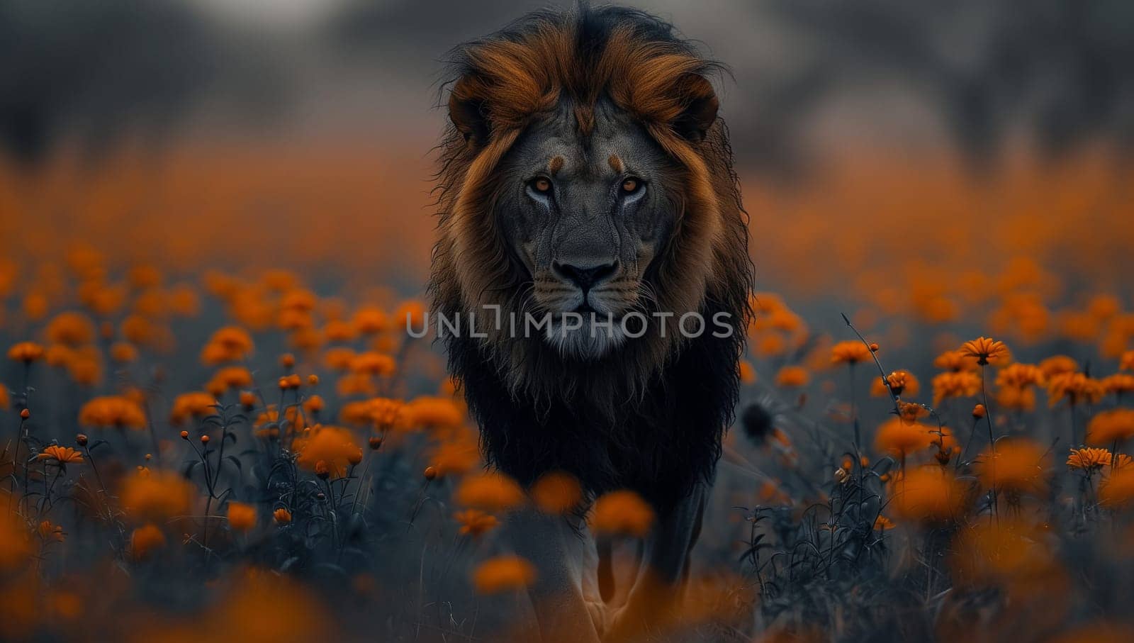A Masai lion, a member of the Felidae family, is strolling through a natural landscape filled with orange flowers. This majestic big cat contrasts beautifully with the colorful plants and grass