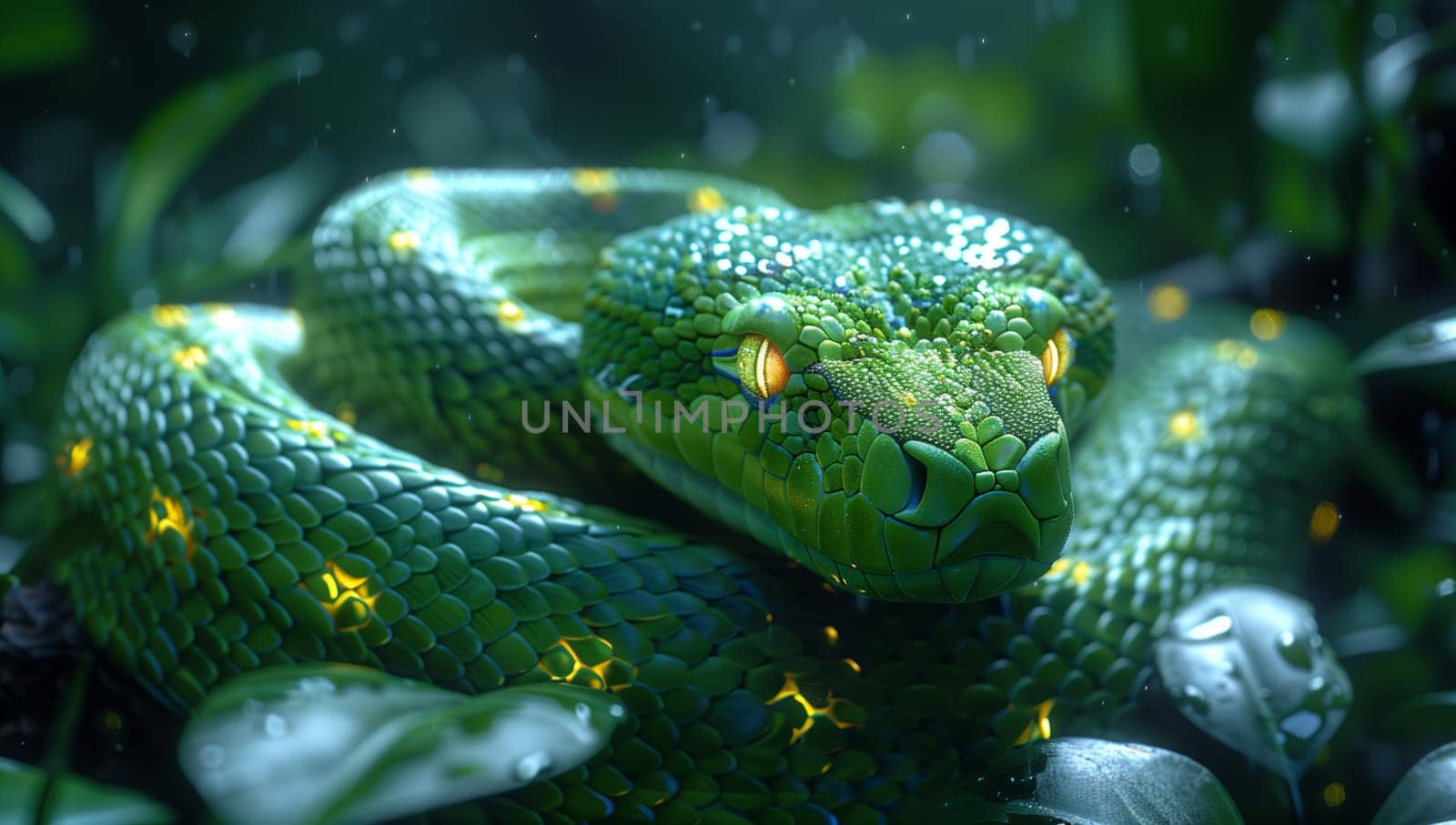 A Smooth Greensnake, a terrestrial animal, with electric blue scales and yellow eyes, is camouflaged among green leaves in this macro photography of wildlife