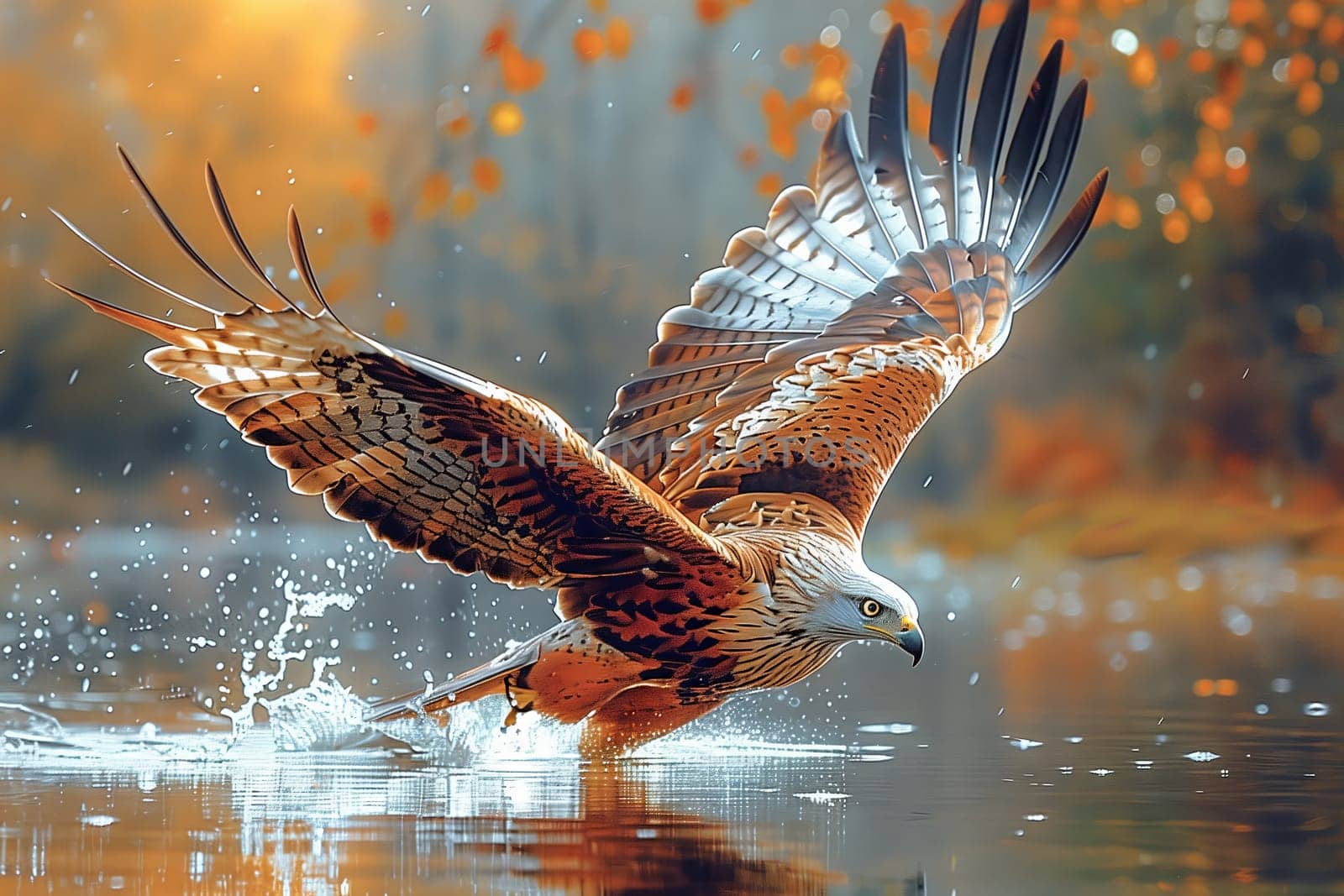 An Accipitridae bird, with powerful beak and feathered tail, soars gracefully over the liquid surface of a body of water, showcasing natures beauty