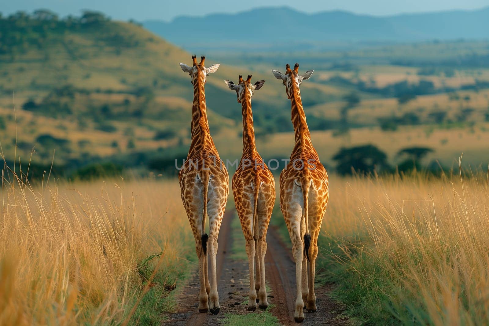 Three giraffes gracefully stroll along a dirt road in the natural landscape, surrounded by lush green grass and tall plants under the vast sky