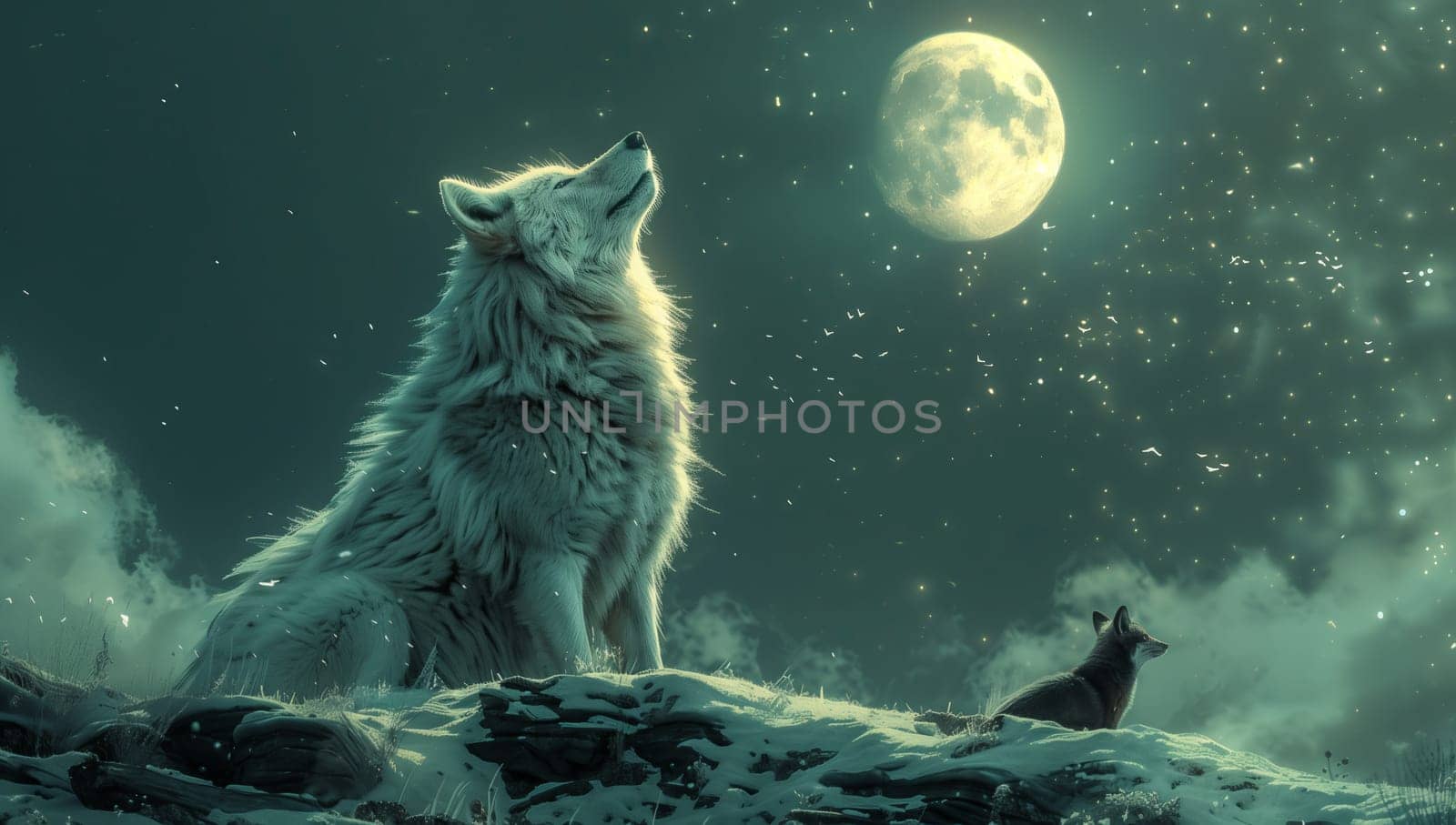 An organism in nature, a wolf howls at the moon in the midnight sky, creating a mesmerizing art in the darkness. The scene resembles a painting of wild beauty, surrounded by water and plants