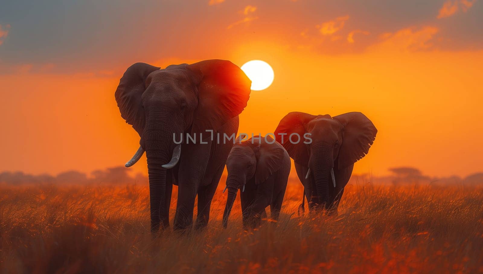 A herd of elephants peacefully standing in a grassy field under the red sky at sunset, creating a mesmerizing natural landscape