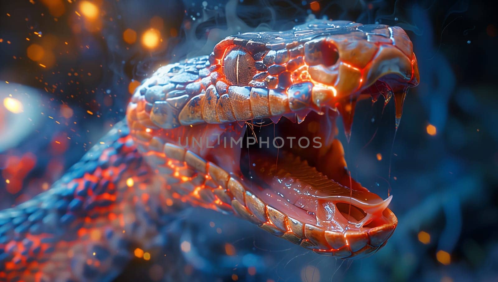 A close up of an electric blue snake, a terrestrial animal, with its mouth open showing its flesh and liquid inside, captured in macro photography