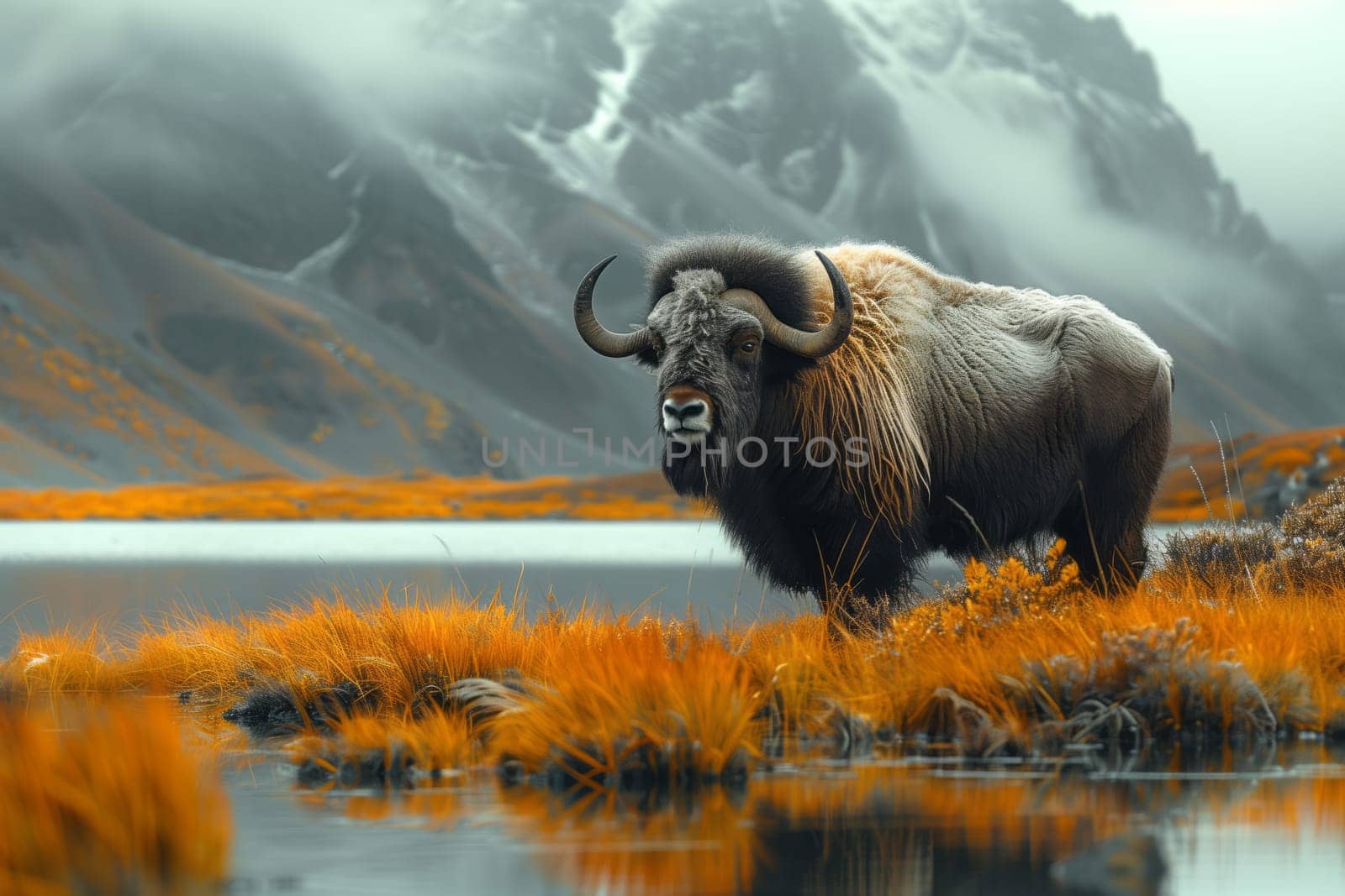 A muskox bull is standing in the water of a highland lake, surrounded by a natural landscape and mountainous ecoregion