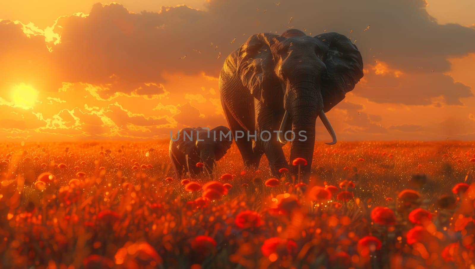 Two elephants strolling through a field of red flowers at sunset by richwolf