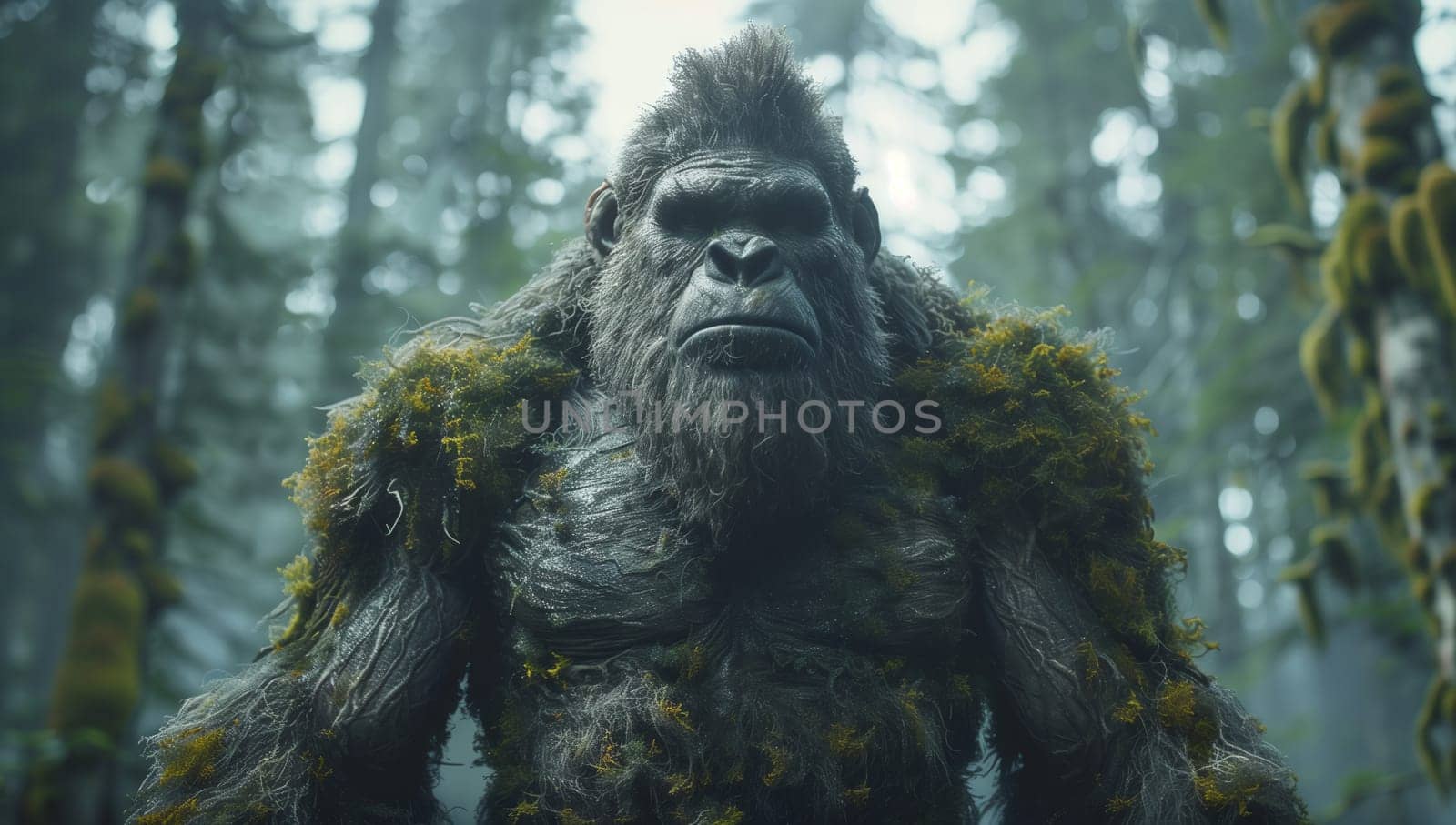 A primate organism with fur and a beard is standing in the middle of a forest, surrounded by terrestrial plants and grass in the wildlifefilled jungle