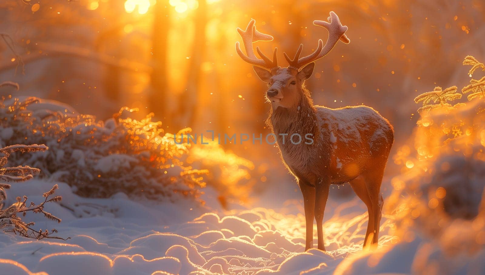 A majestic deer stands gracefully in the snowy woods at sunset, creating a beautiful natural landscape resembling a painting