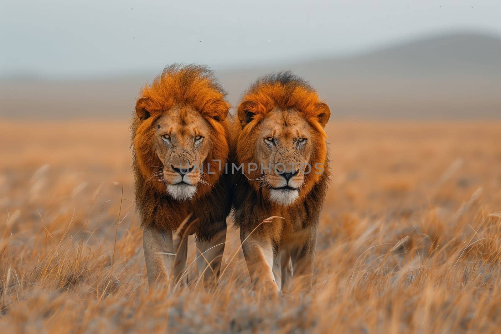 Two Felidae carnivores, big cats known as lions, standing together in a grassy field within a natural landscape ecoregion. The terrestrial animals are surrounded by grassland and plains