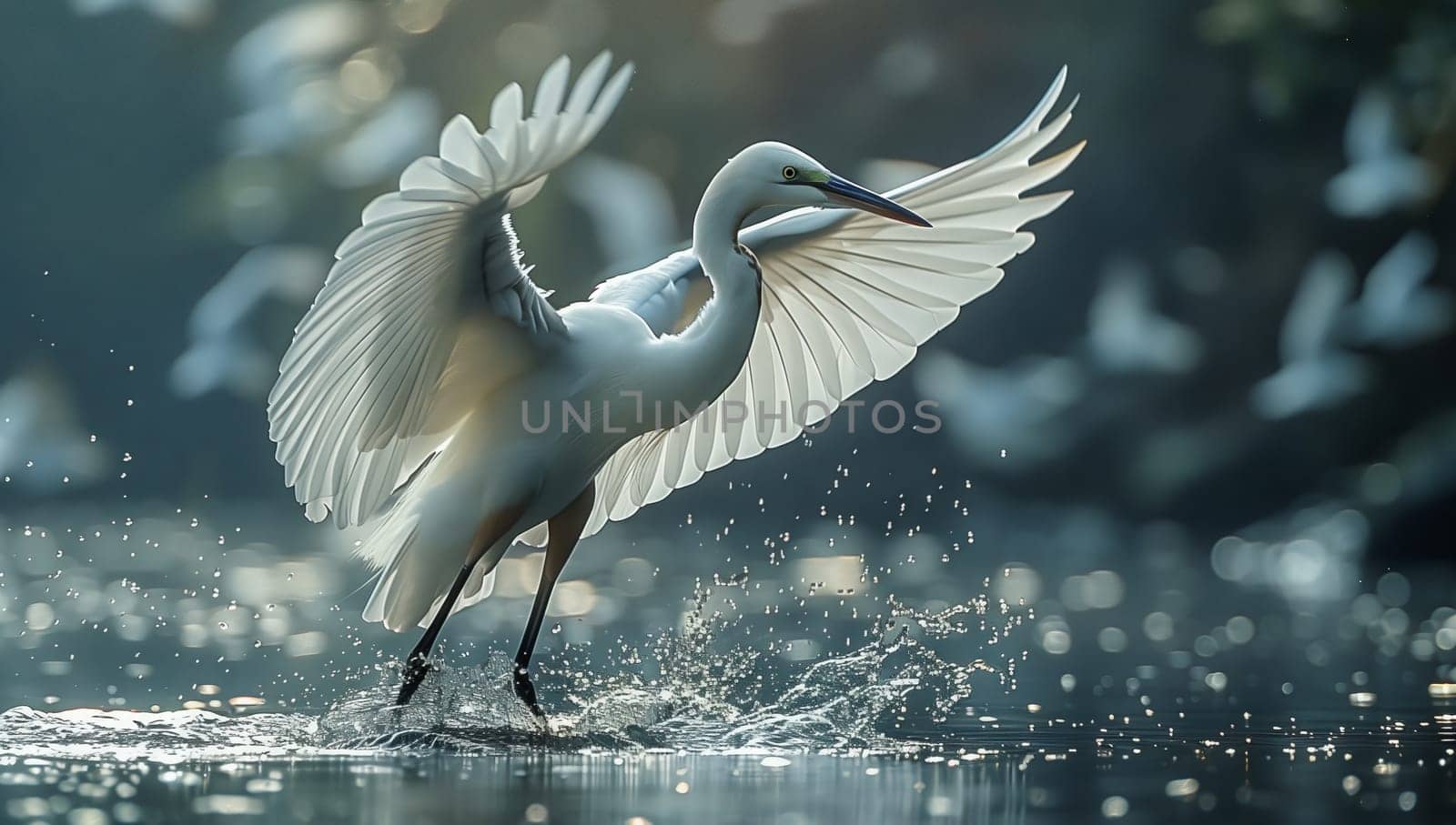 A majestic white heron stands gracefully in the water, its wings outstretched, showcasing its beautiful feathers. This elegant seabird belongs to the Ciconiiformes and Pelecaniformes orders