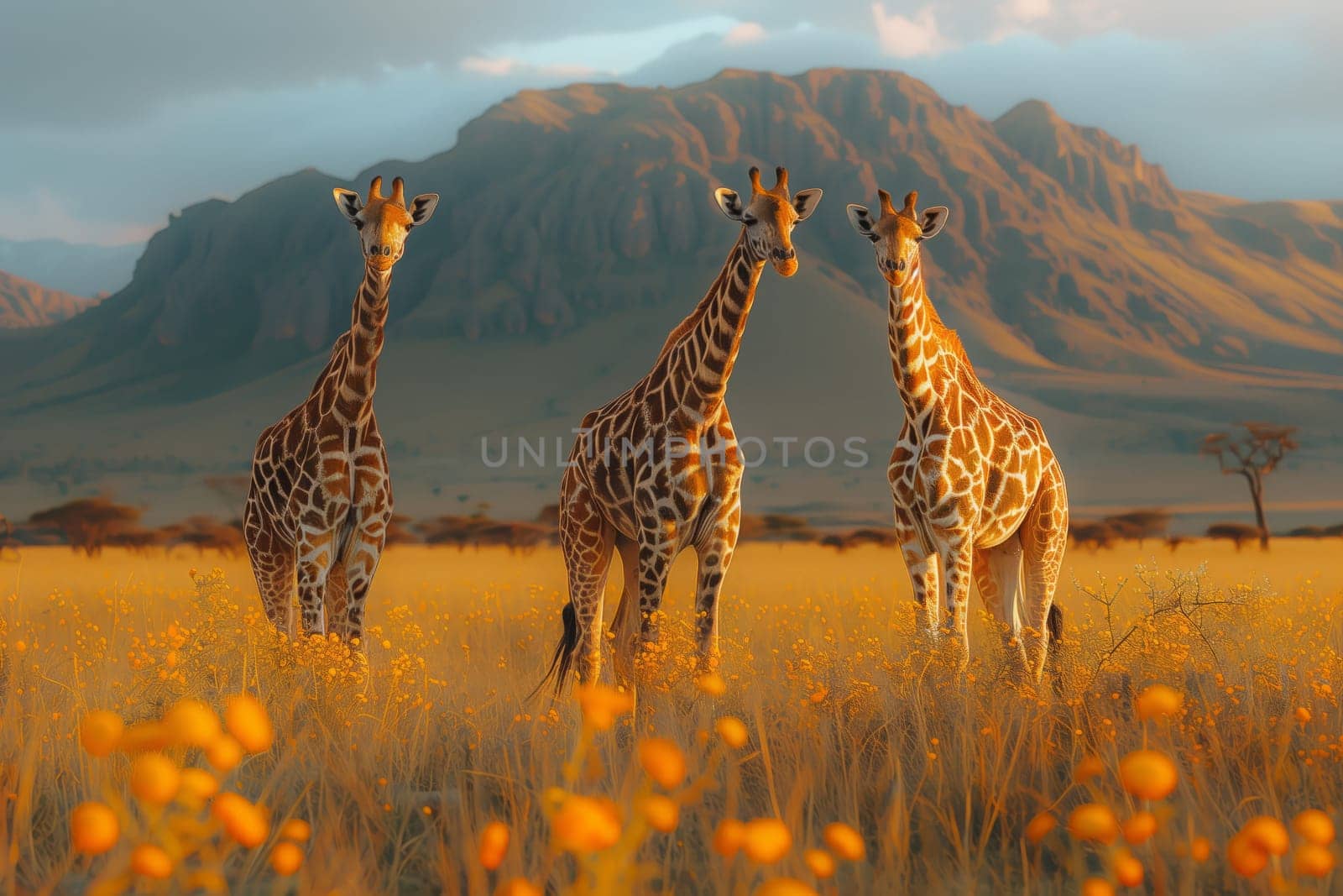 A group of three Giraffidae standing in a field of flowers with mountains in the background, under a clear sky with fluffy clouds