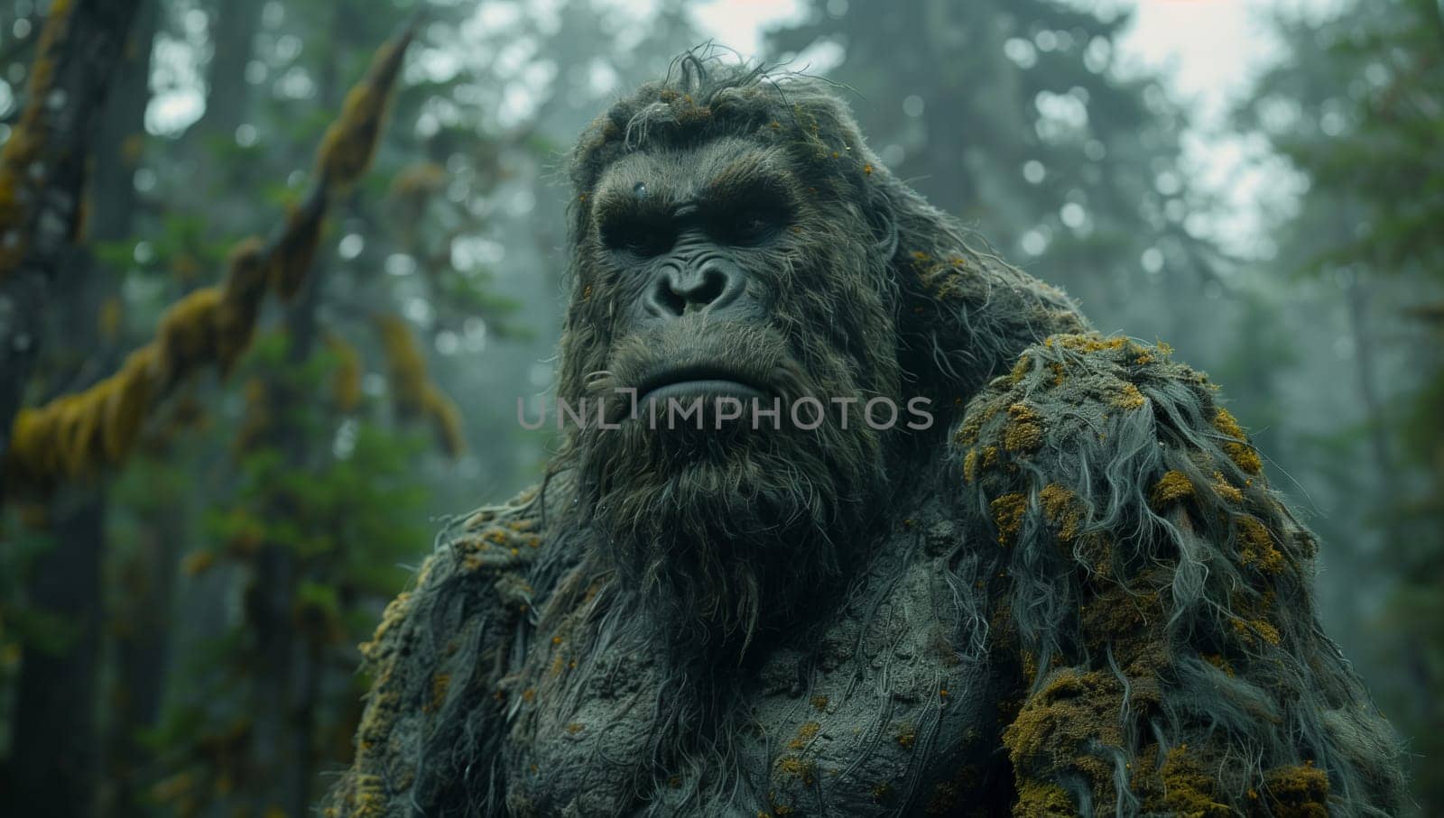 A large gorilla sits in the forest, surrounded by trees and grass by richwolf