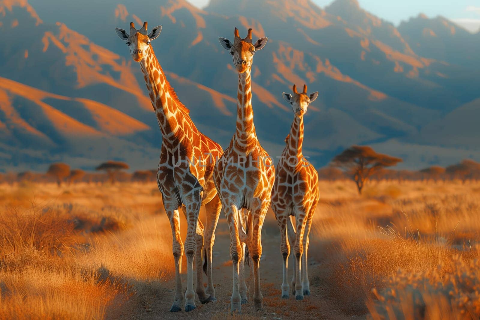 Three giraffes stand in a grassland with mountains in the background by richwolf