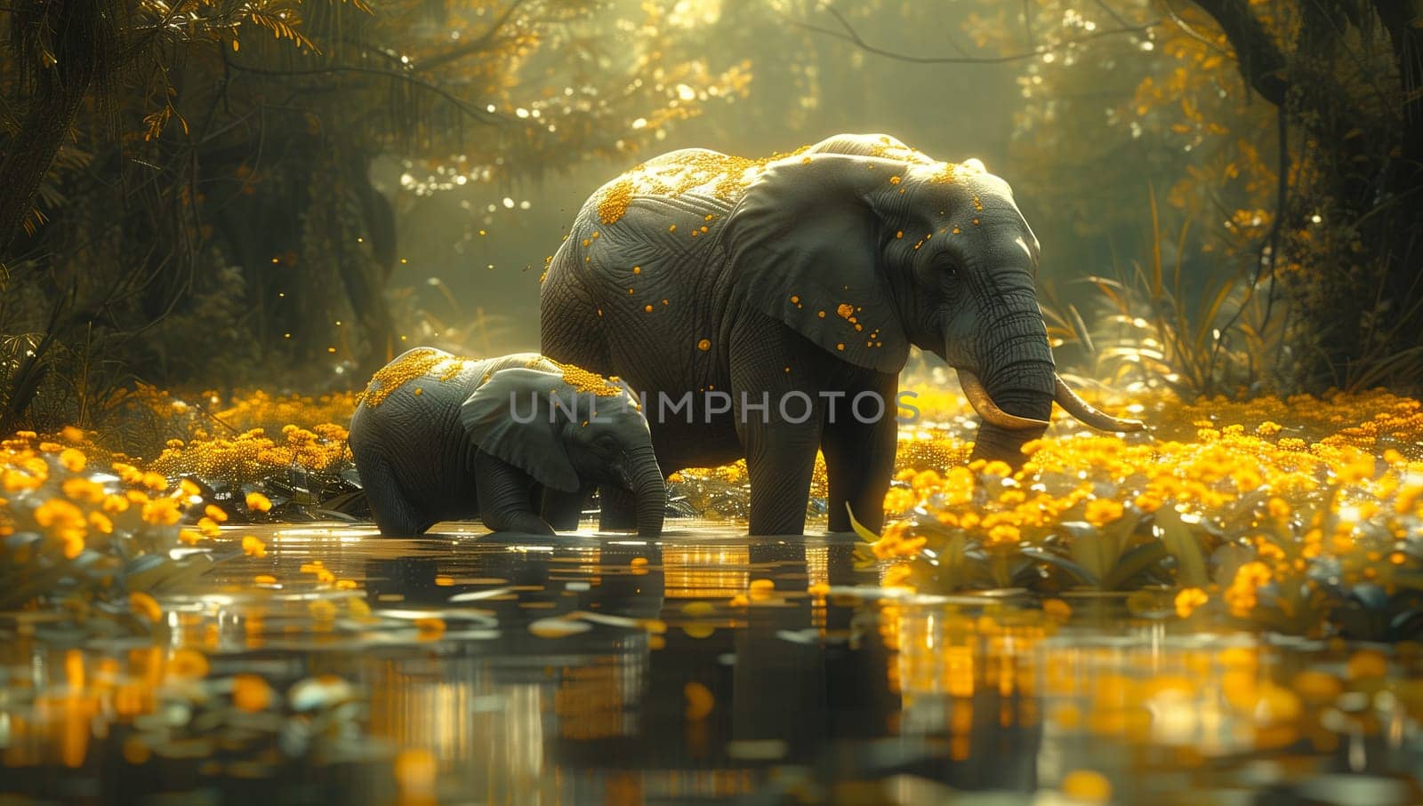 Two elephants, a mother, and her baby, can be seen standing in the refreshing water of their ecoregion, surrounded by lush green plants and towering trees