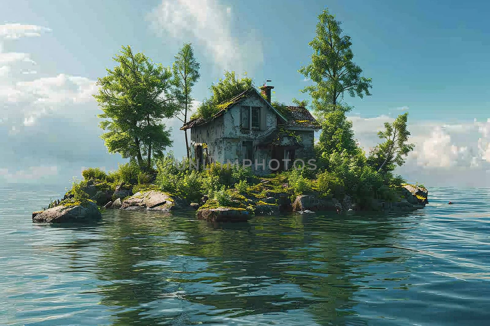 An old house on a small lonely island in the middle of the water.