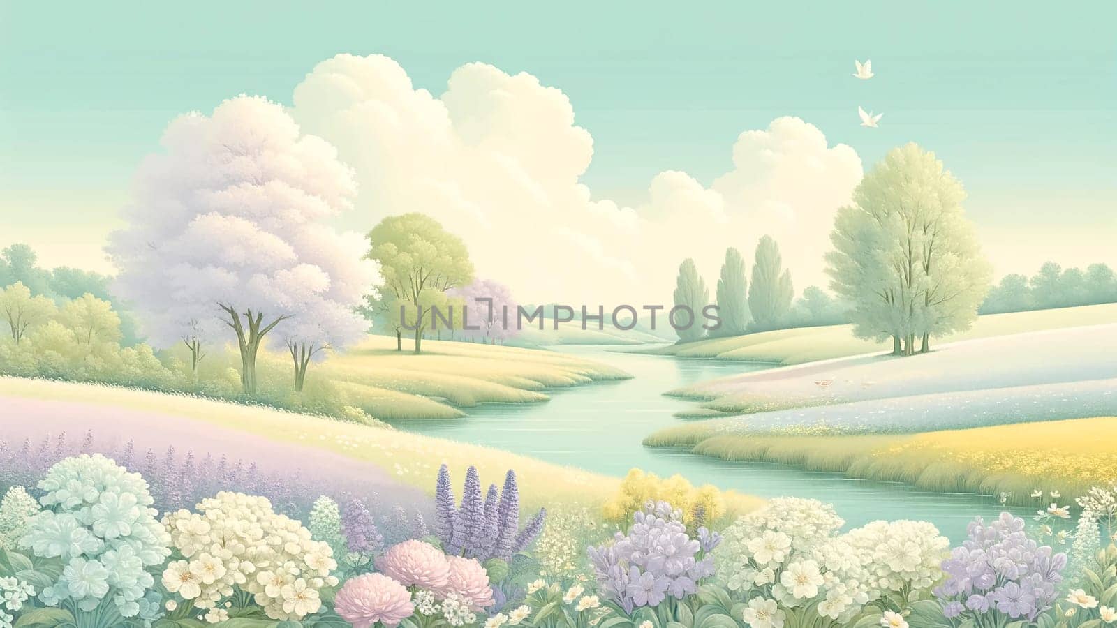 spring landscape with blooming trees and bright flowers, pastel spring background by Annado