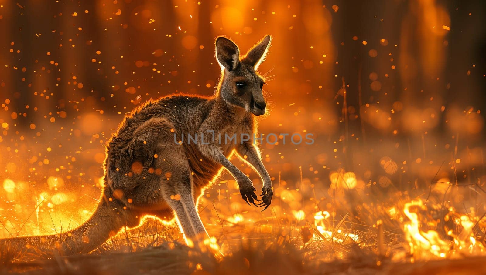 A Marsupial from the Macropodidae family, the Kangaroo is seen running through a field of fire, showcasing a rare event in wildlife