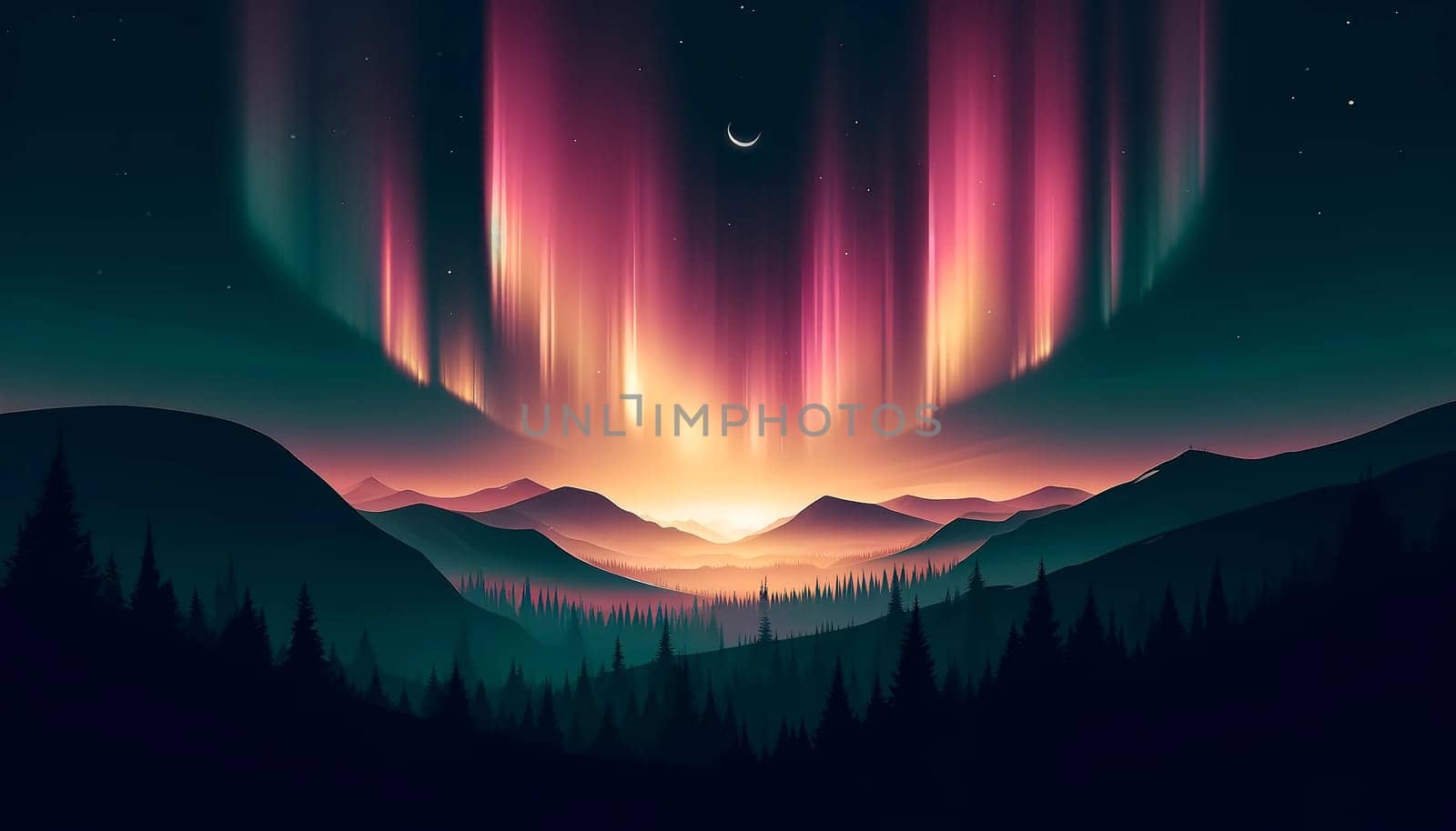 aurora borealis over mountains with crescent moon and stars by Annado