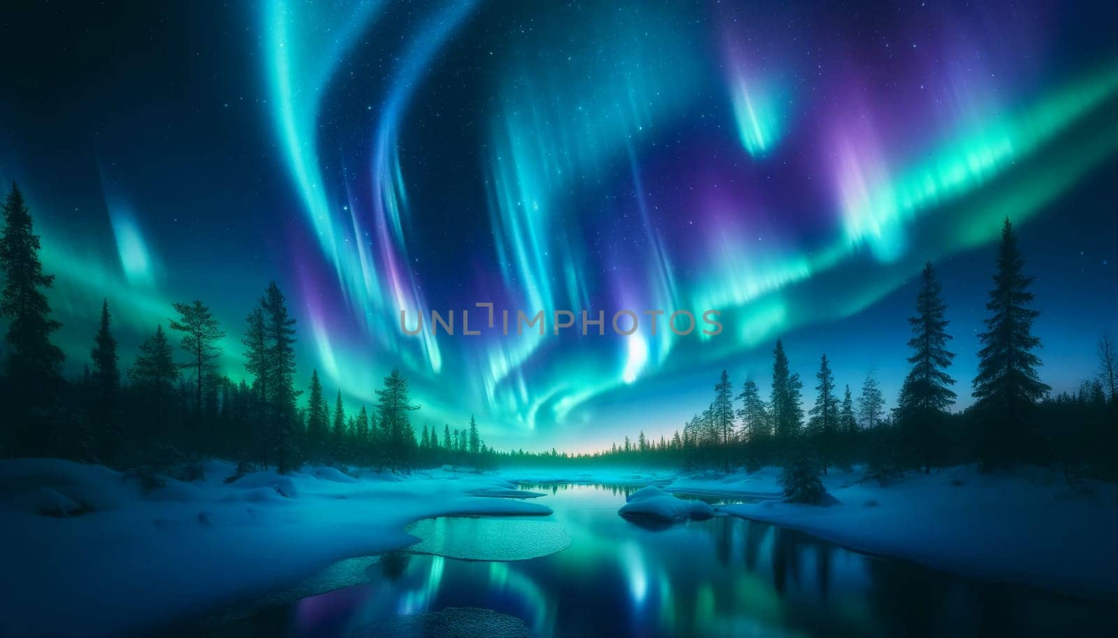 Northern lights in blue tones over a snow-covered river and forest.