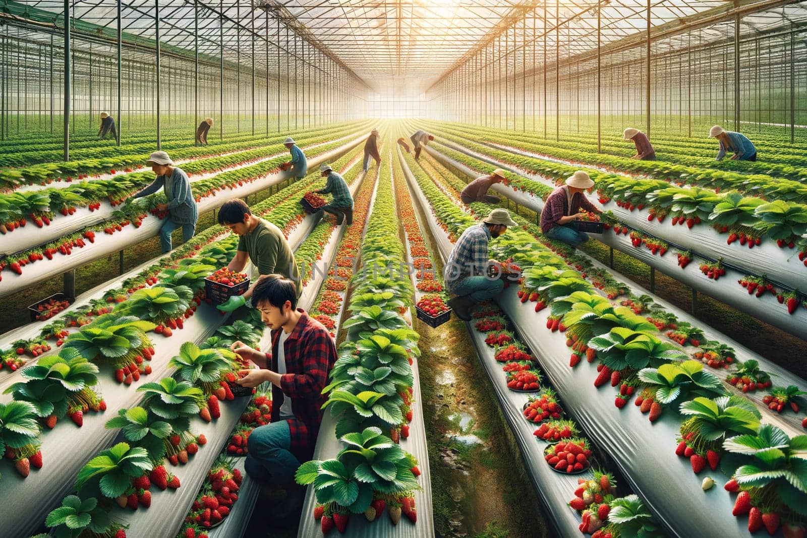 workers picking strawberries in a greenhouse.