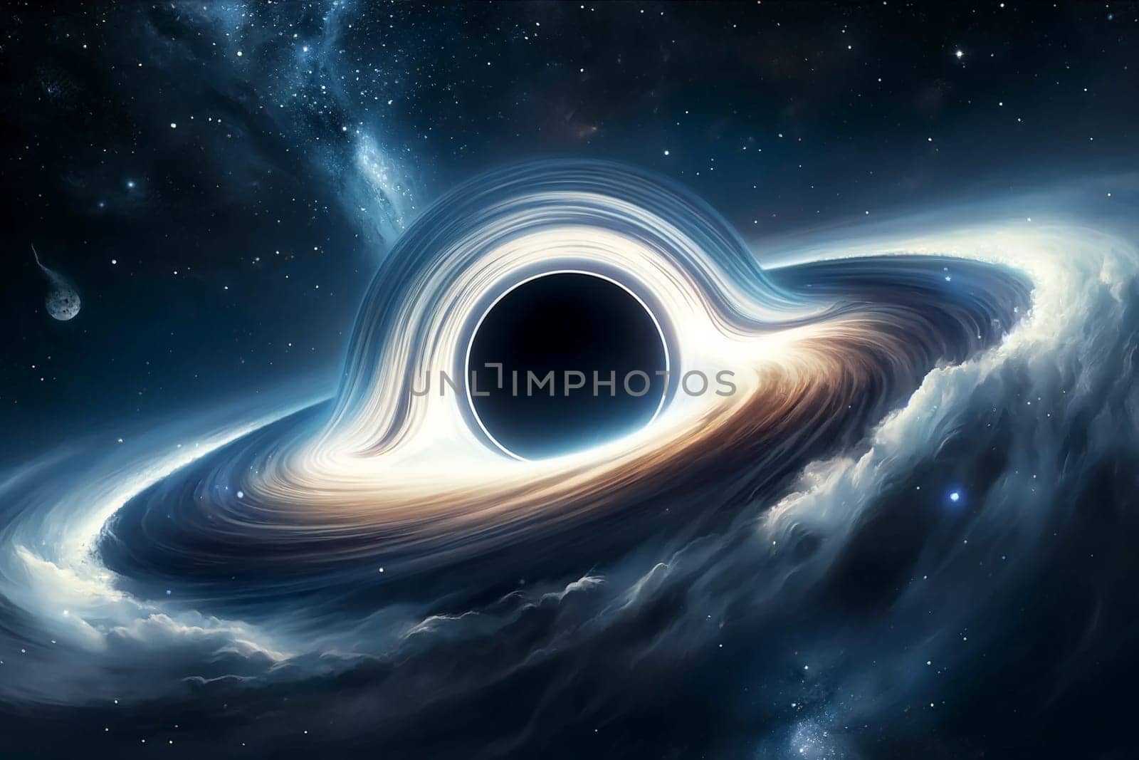 black hole with accretion disk in outer space illustration.