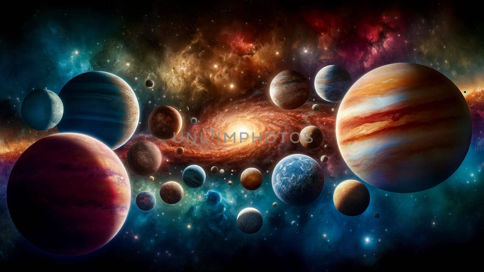 illustration of various planets in a galaxy with nebulae, abstract space background.